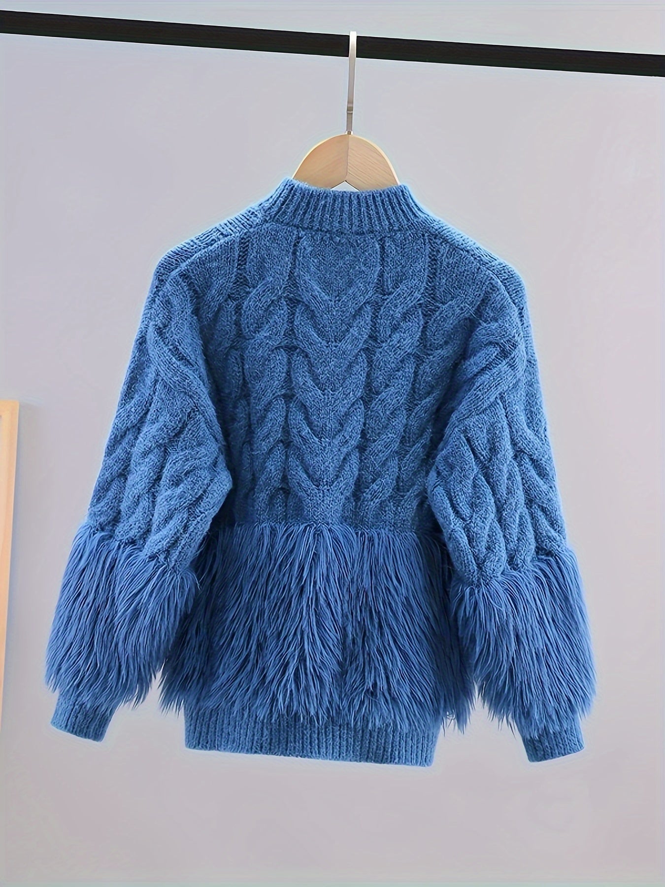 Chic Girls' Faux Mink Knit Sweater - Cozy & Stretchy, Machine Washable, Round Neck for Fall/Winter