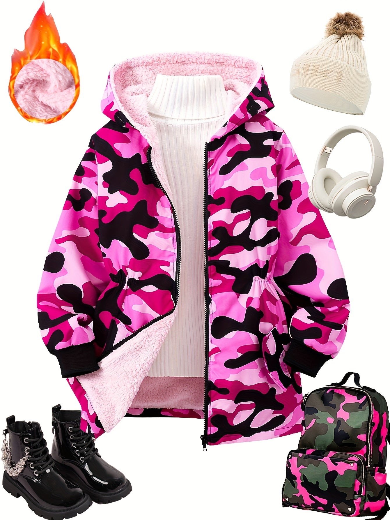 Girl's Camouflage Long Sleeve Hooded Jacket, Cute Trendy Versatile Fleece Lining Windproof Coat For Winter And Autumn