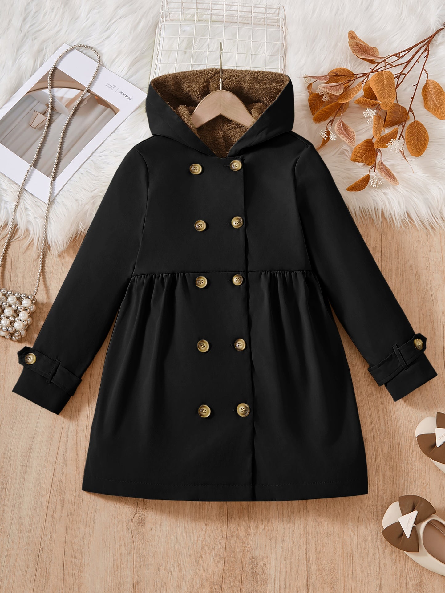 Double-Breasted Coat, Plush, Warm And Comfortable, Hooded Coat (Fake Fur, Plush Lining, Lining Composition 100% Polyester) Autumn And Winter Gift)