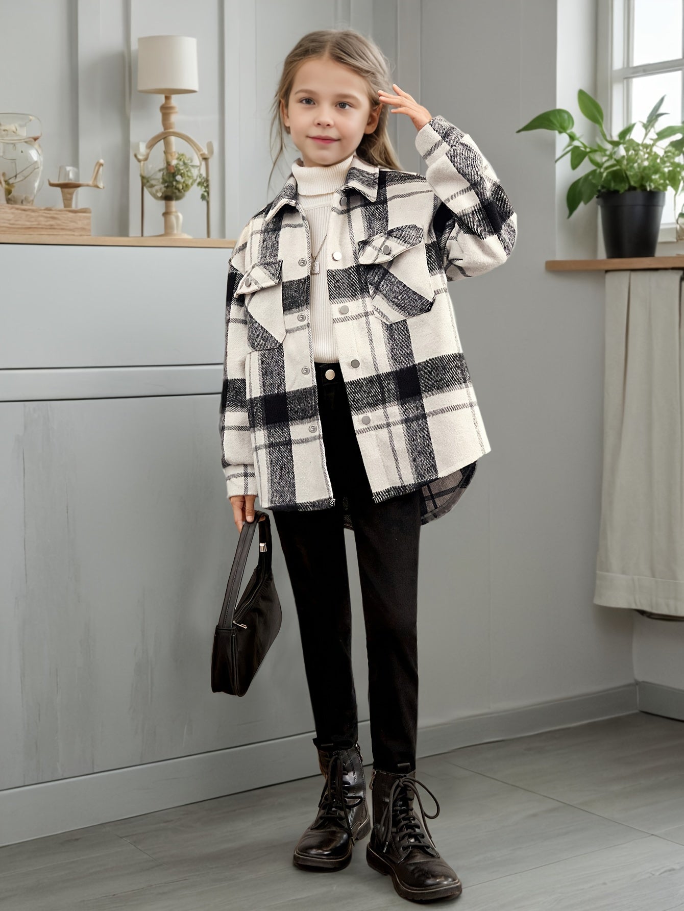 Girls' Fashionable Corduroy Coat - Long Sleeve, Plaid Pattern, Button-Up, Pockets, Water-Resistant, Warm, and Stylish for Spring, Fall, and Winter Outdoor Activities