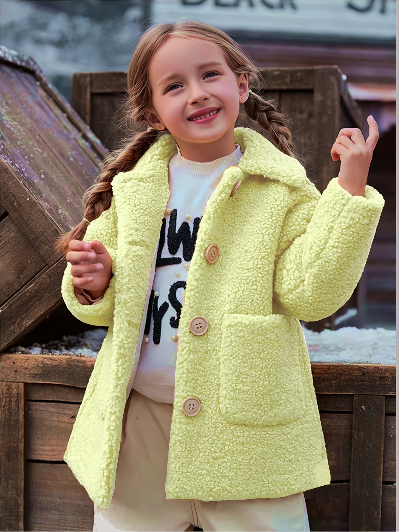 2024 Elegant Shearling Windbreaker Coat - Lapel Collar, Pocket, Slight Stretch, Solid Color, Hand Washable - Winter Thermal Jacket for Girls