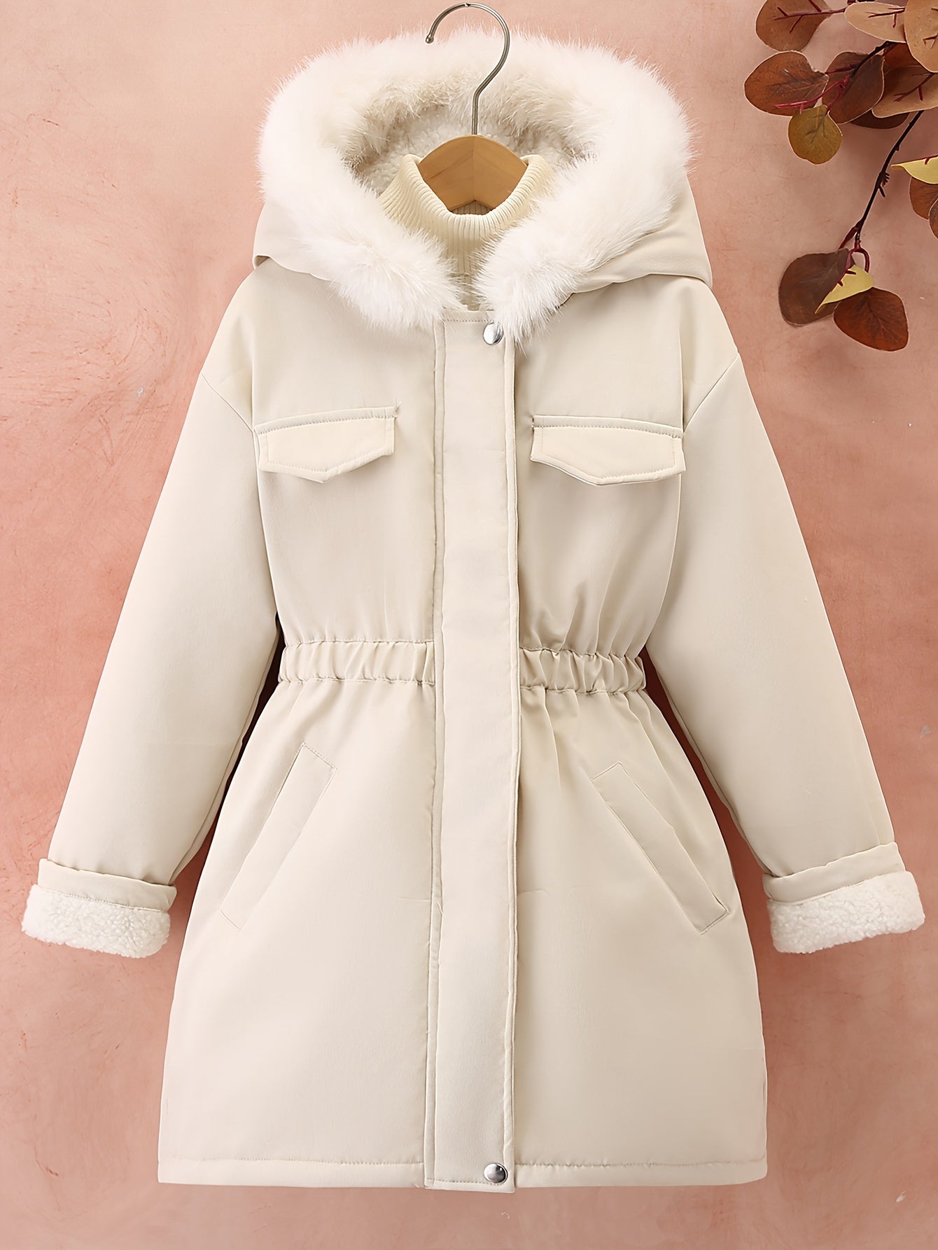 Thick Fleece-lined Girls Elegant Mid-length Jacket with Furry Collar, Hooded, Solid Color, Elastic Waist, All-match