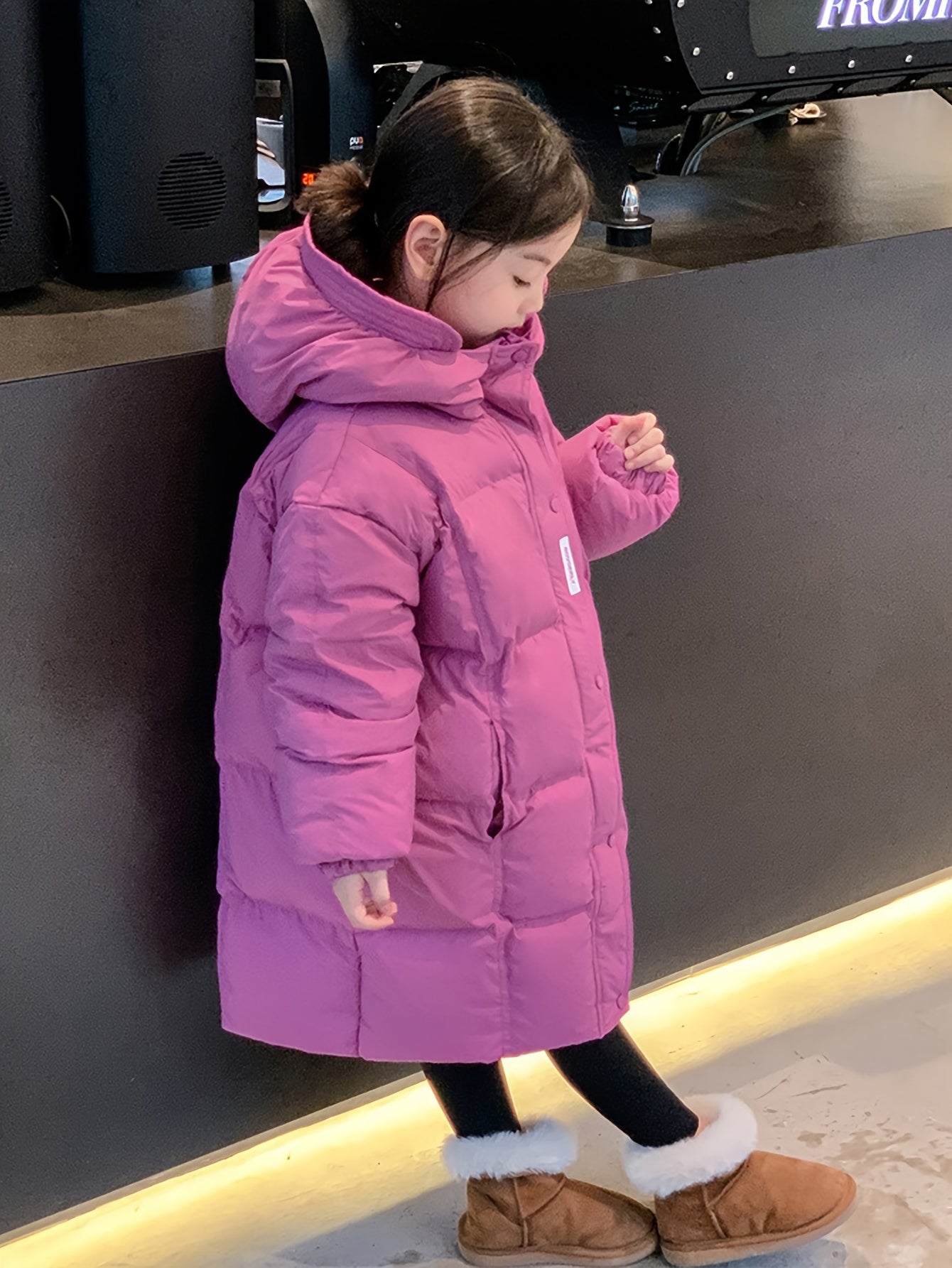 1pc Girls' Winter 2024 Casual Style Hooded Puffer Coat, Thickened Windproof Mid-Length, Solid Color Polyester Filling, Regular Fit, Non-Stretch Fabric