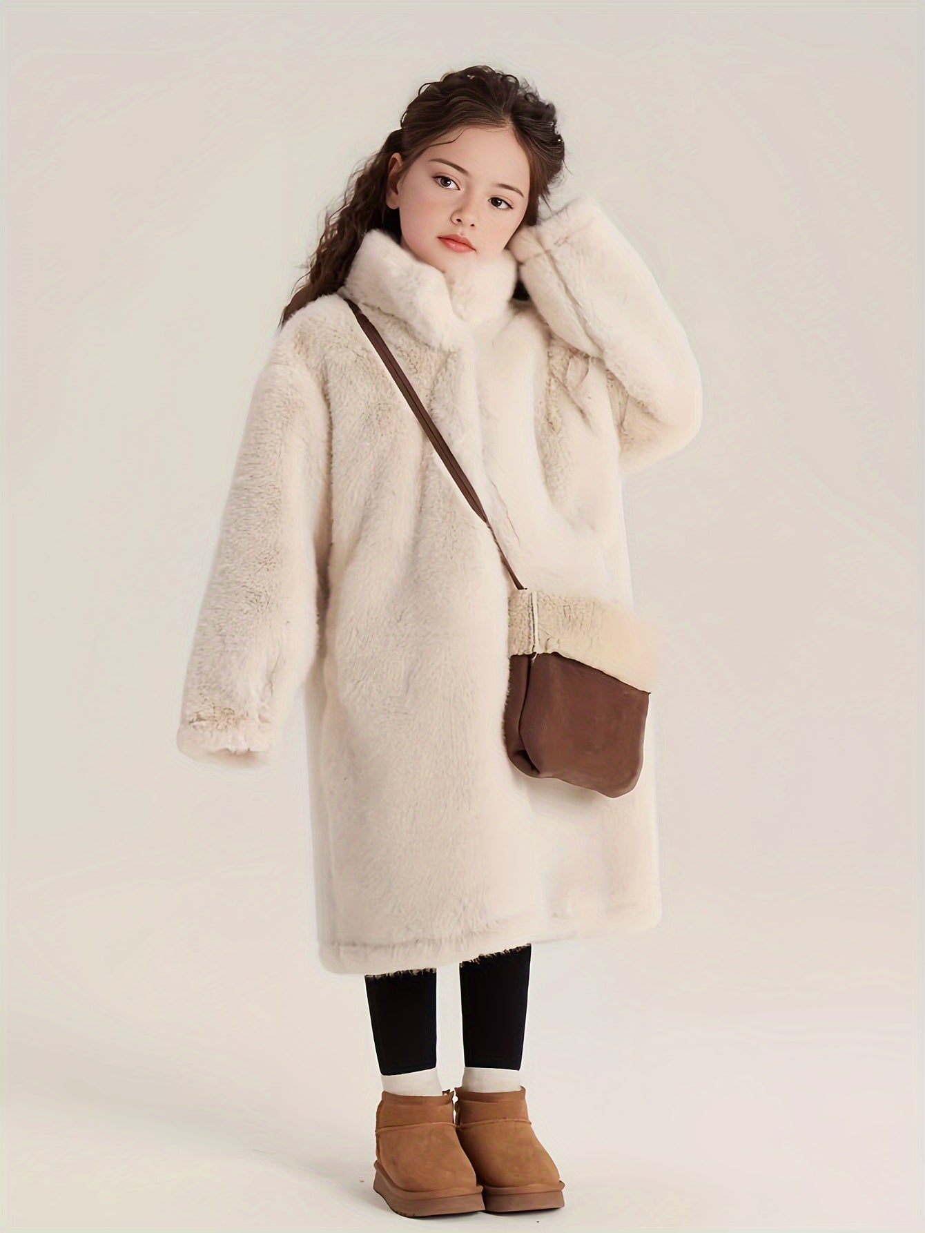 2024 Elegant Girls' Long Plush Coat - Warm, Thick Winter Jacket with Button Front & Round Neck, Perfect for Casual Outings
