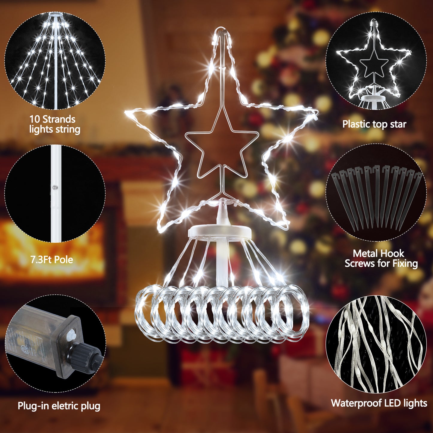 320 LED Waterfall String Lights – 7.8Ft with Star Topper, 8 Modes, 110V US Plug, Outdoor & Indoor Holiday Decor