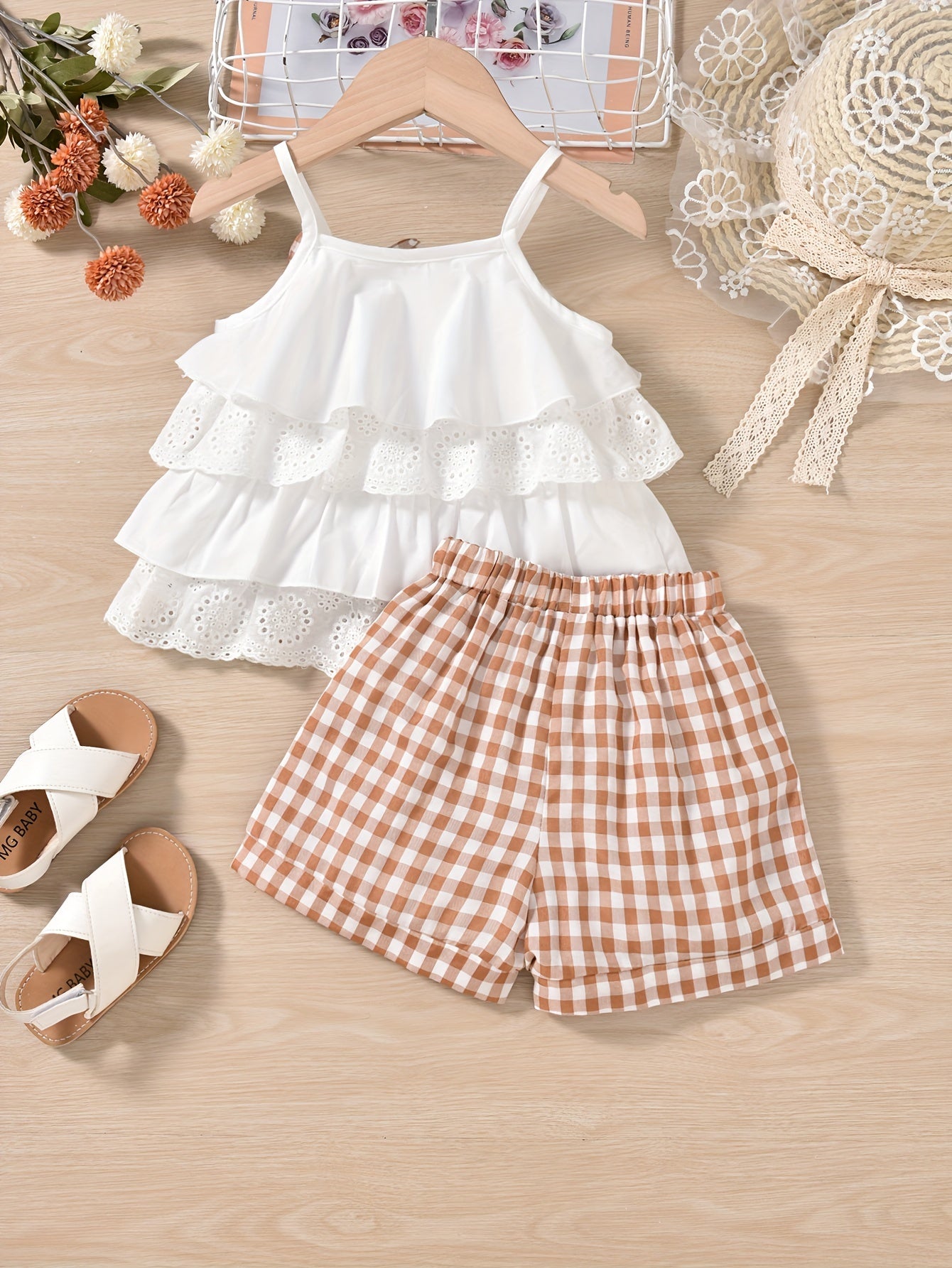 2pcs Girls’ Ruffles Cami Top & Plaid Shorts – Summer Outfit with Flower Hollow Bow