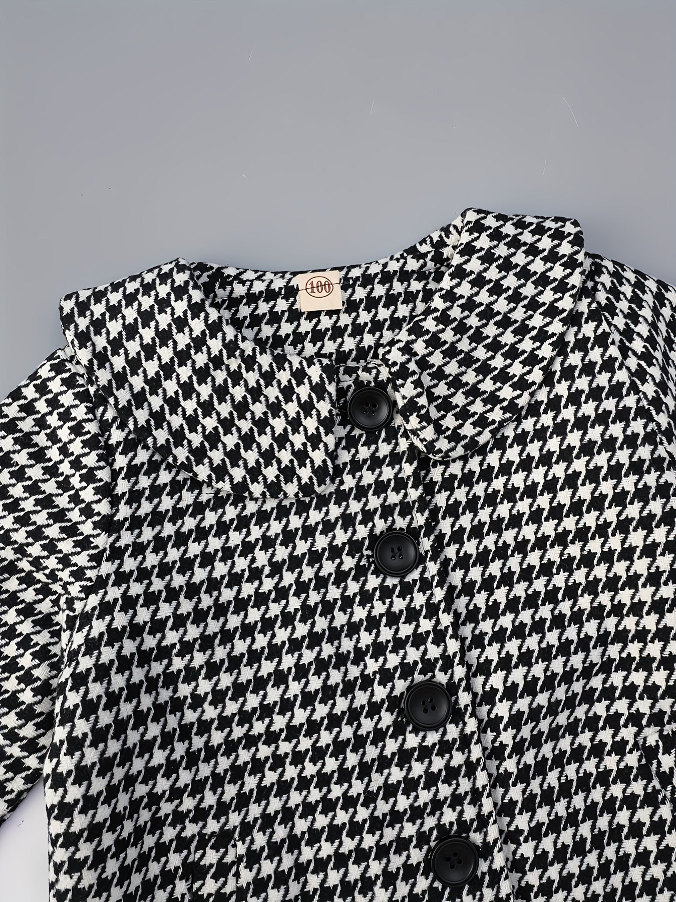 Elegant Houndstooth Dress Coat for Girls, Polyester Lapel Collar Flared Long Sleeve Single Button Coat, Spring/Autumn Mid-Length Children's Outerwear with Button Details - Non-Stretch Regular Fit