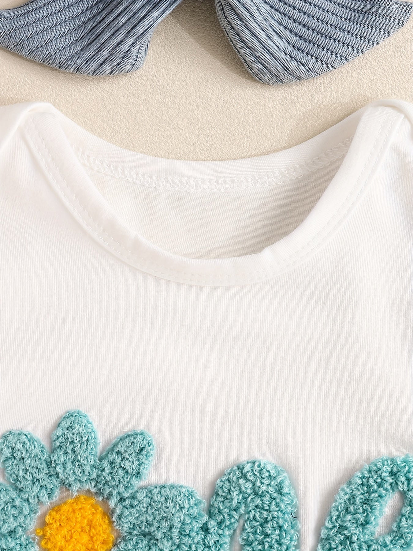 Baby's ONE Flower Embroidered 2pcs Summer Outfit, Cotton Triangle Bodysuit & Ribbed Shorts Set, Toddler & Infant Girl's Clothes For Daily Outdoor/Holiday/Party