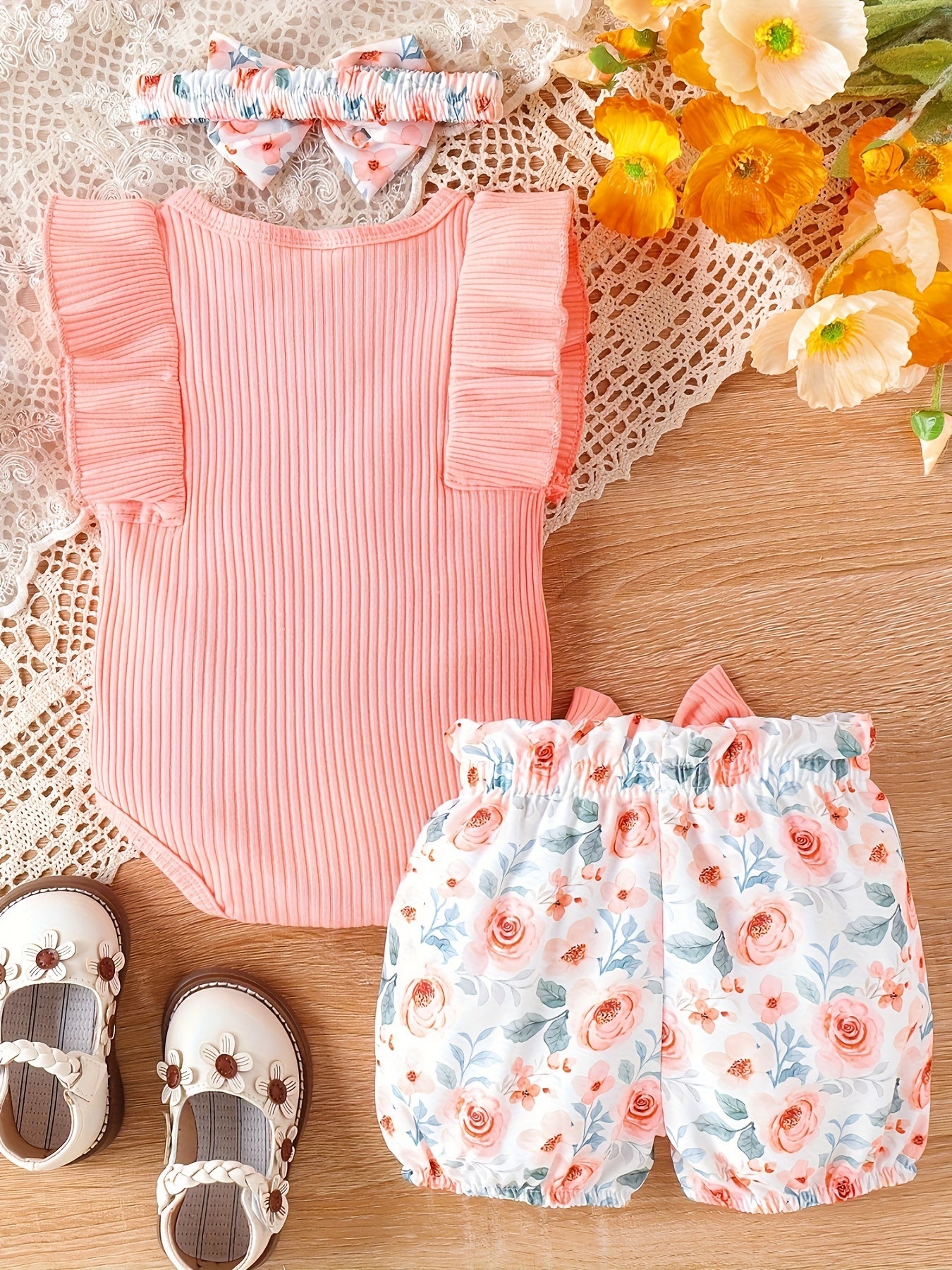 2pcs Infant's Casual Summer Set, Solid Color Ribbed Bodysuit & Floral Pattern Shorts, Baby Girl's Clothes