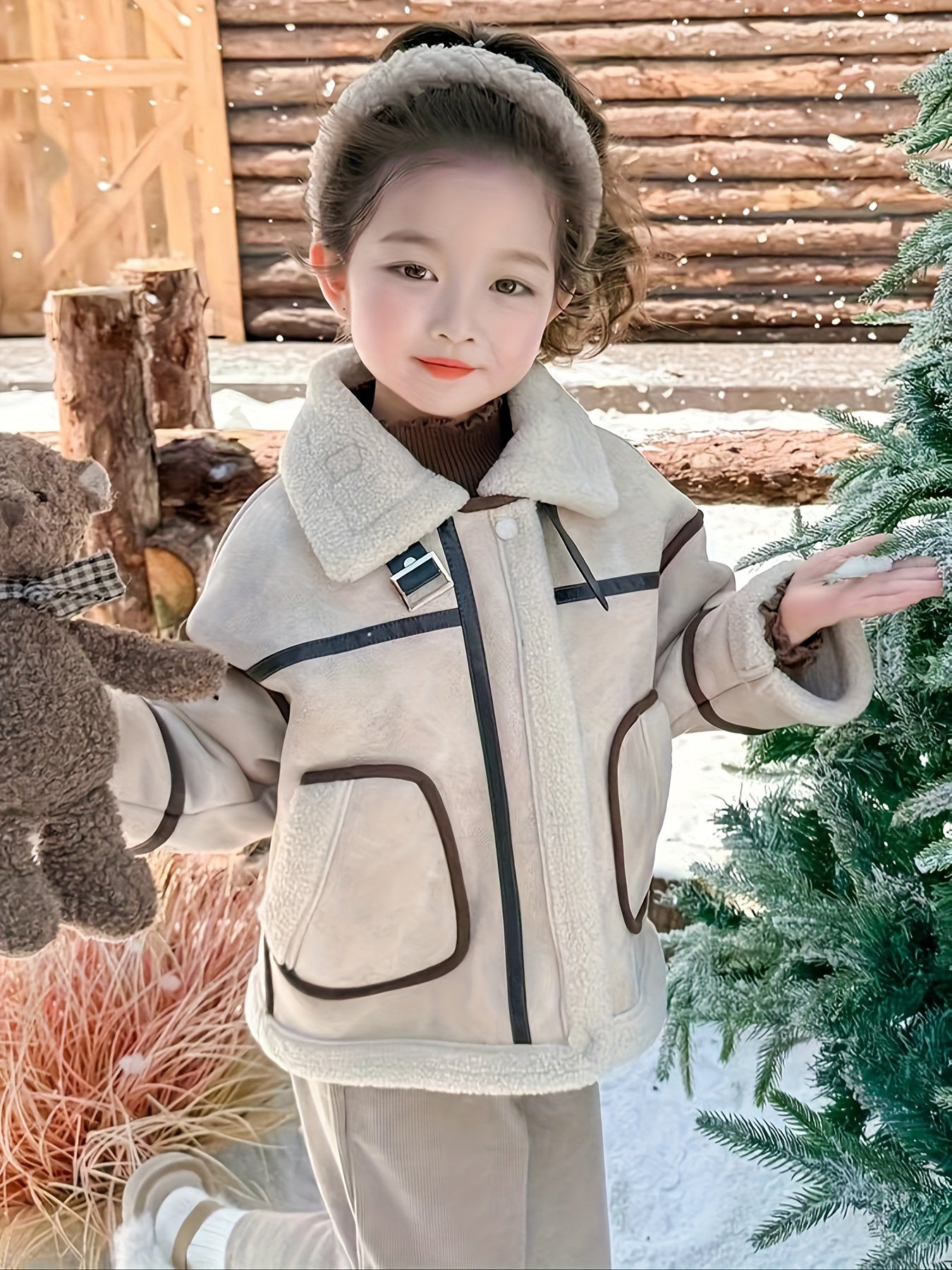 2024 Girls' Fashion Faux Fur Leather Jacket, Winter Solid Color Elegant Coat, Polyester Lining, Regular Fit, Round Neck, Pockets