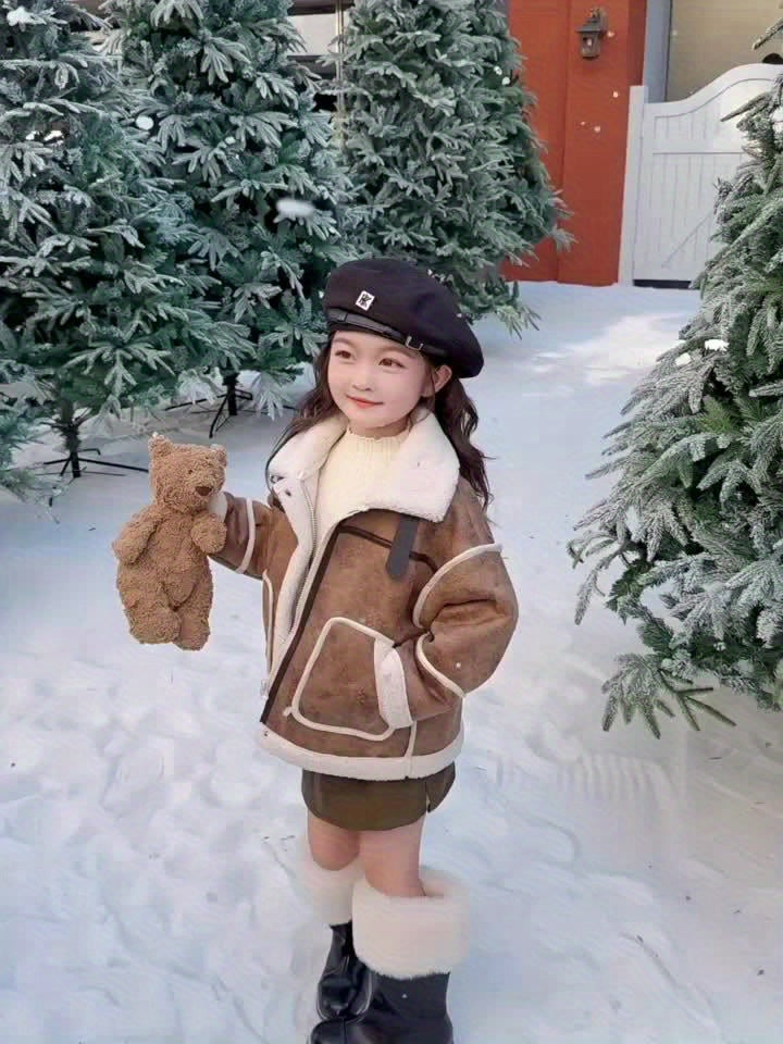 2024 Girls' Fashion Faux Fur Leather Jacket, Winter Solid Color Elegant Coat, Polyester Lining, Regular Fit, Round Neck, Pockets