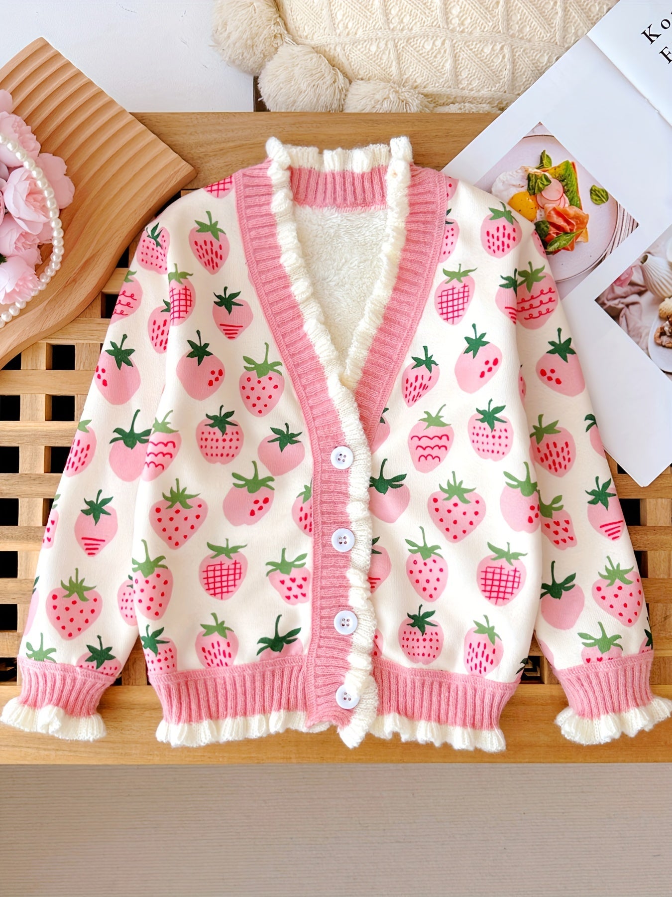 Girls Thermal Comfy Strawberry Print Knit Cardigan - Elegant V-Neck Long Sleeve Button-Down Sweater For Autumn/Winter