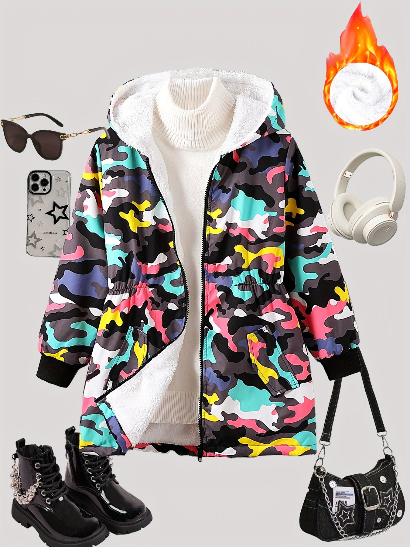 Girl's Camouflage Long Sleeve Hooded Jacket, Cute Trendy Versatile Fleece Lining Windproof Coat For Winter And Autumn