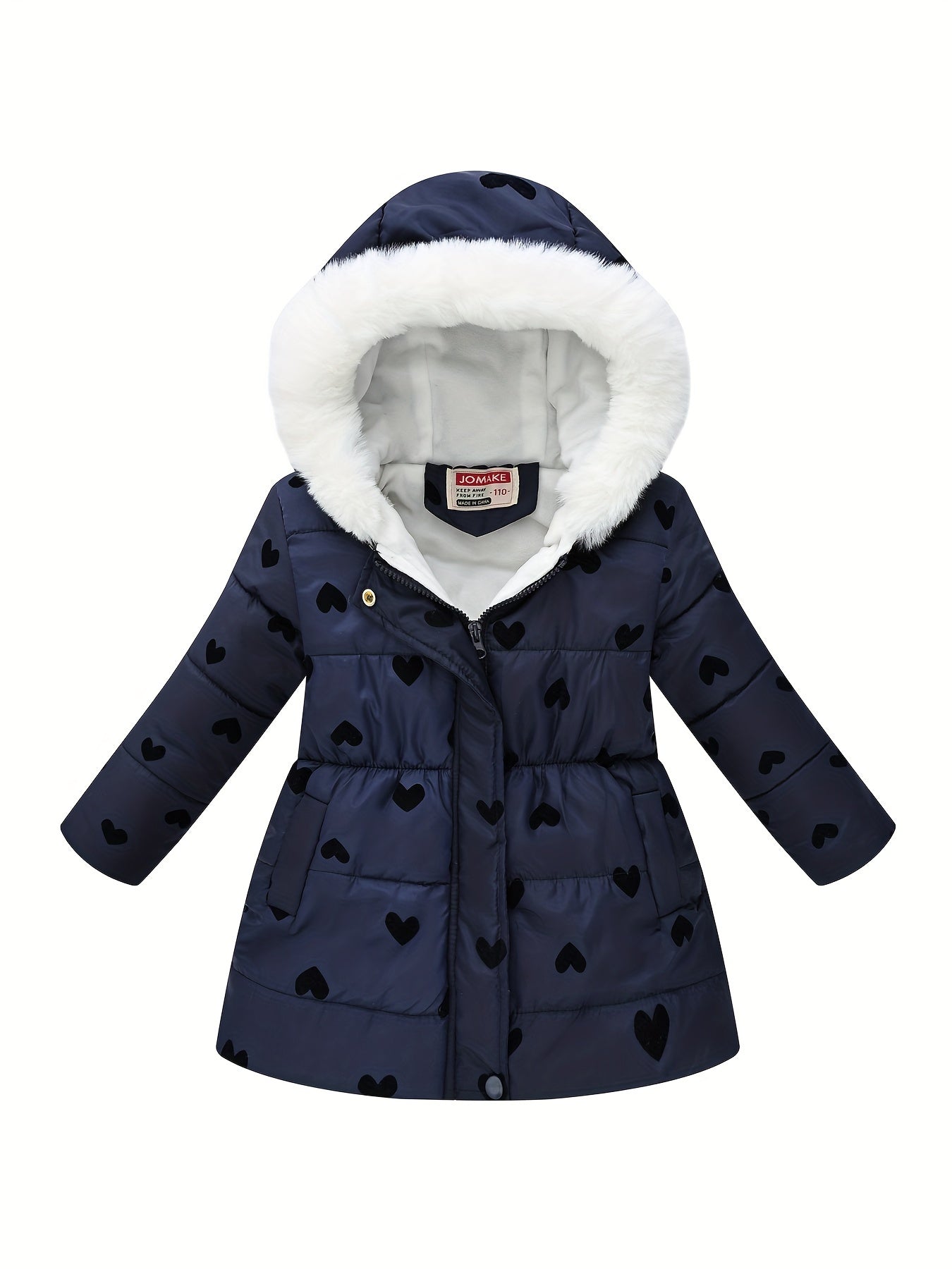 2024 JOMAKE Girls' Cozy Fleece-Lined Hooded Jacket with Floral & Heart Print - Warm Winter Outerwear for Youngsters