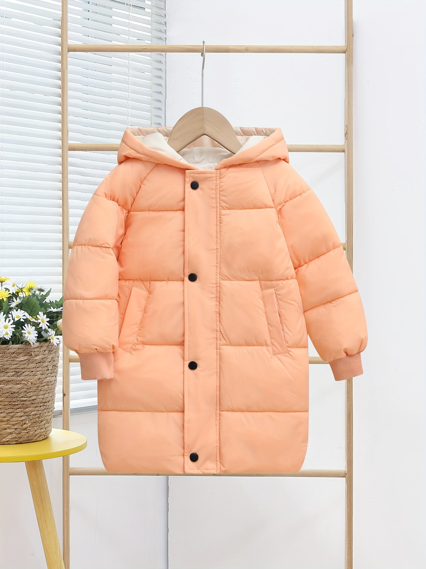Kids Puffer Coat, Unisex Hooded Winter Jacket, Long Sleeve, Solid Color, Casual Style, Polyester Fleece Lining, Regular Fit, Zipper Closure, for Boys and Girls, Ski Jacket
