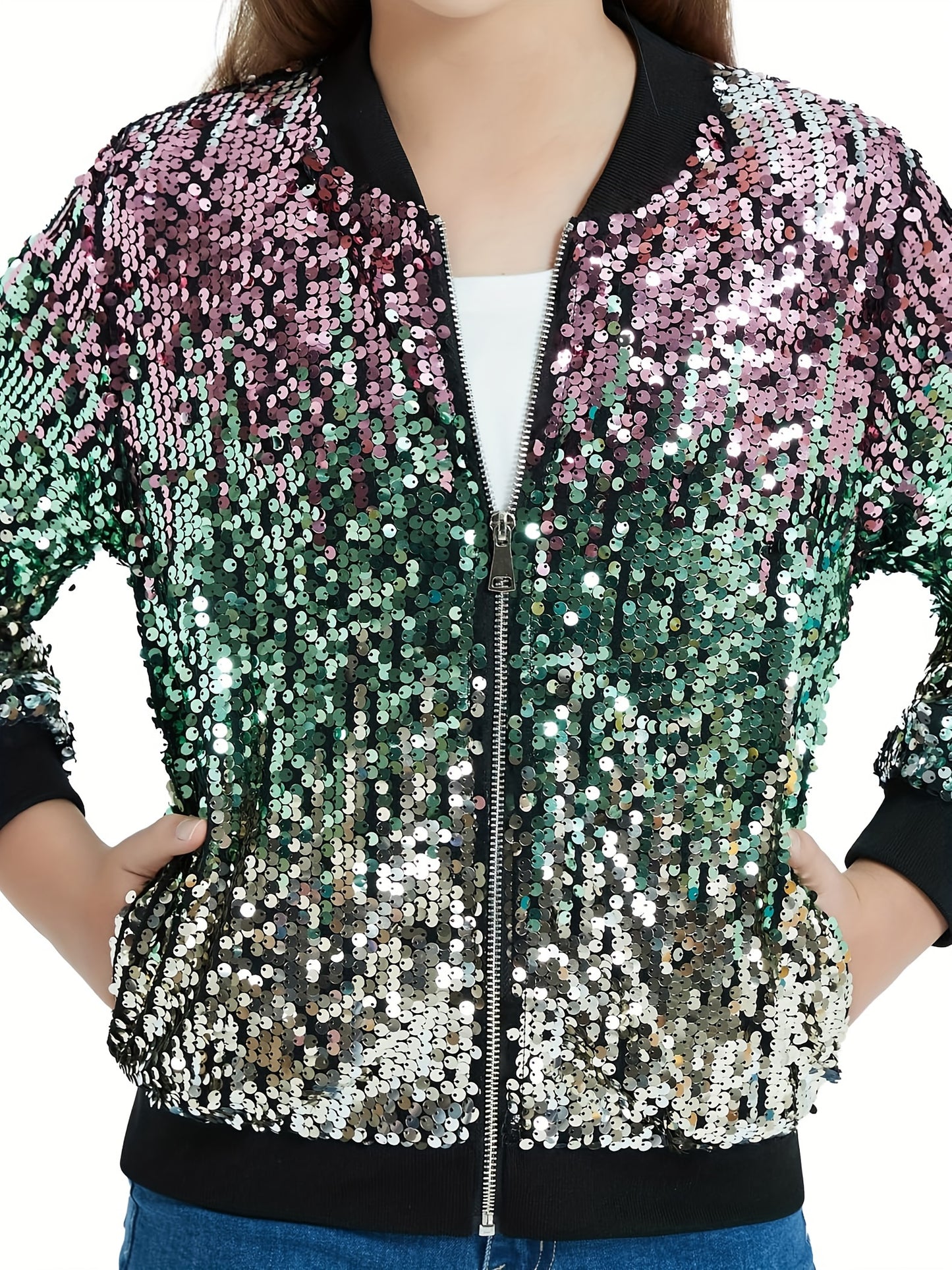 Sparkling Mebius Girls' Sequin Jacket - Long Sleeve Lightweight Zipper Bomber Jacket with Pockets for Kids 6-12 Years Old - Outerwear for School and Casual Wear