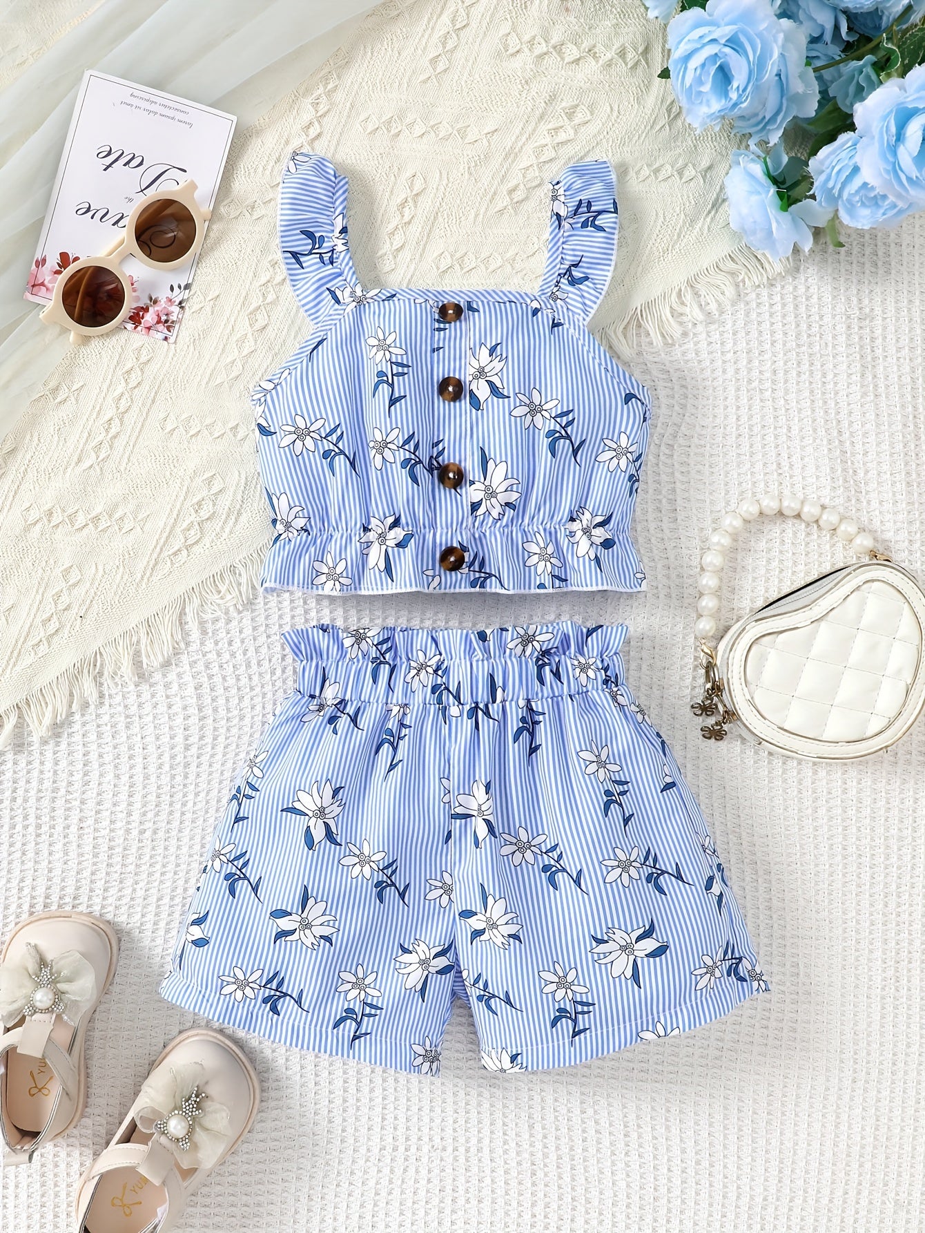Girl's Suspender Floral Print Top + Shorts, Summer Leisure Vacation Two-piece Set