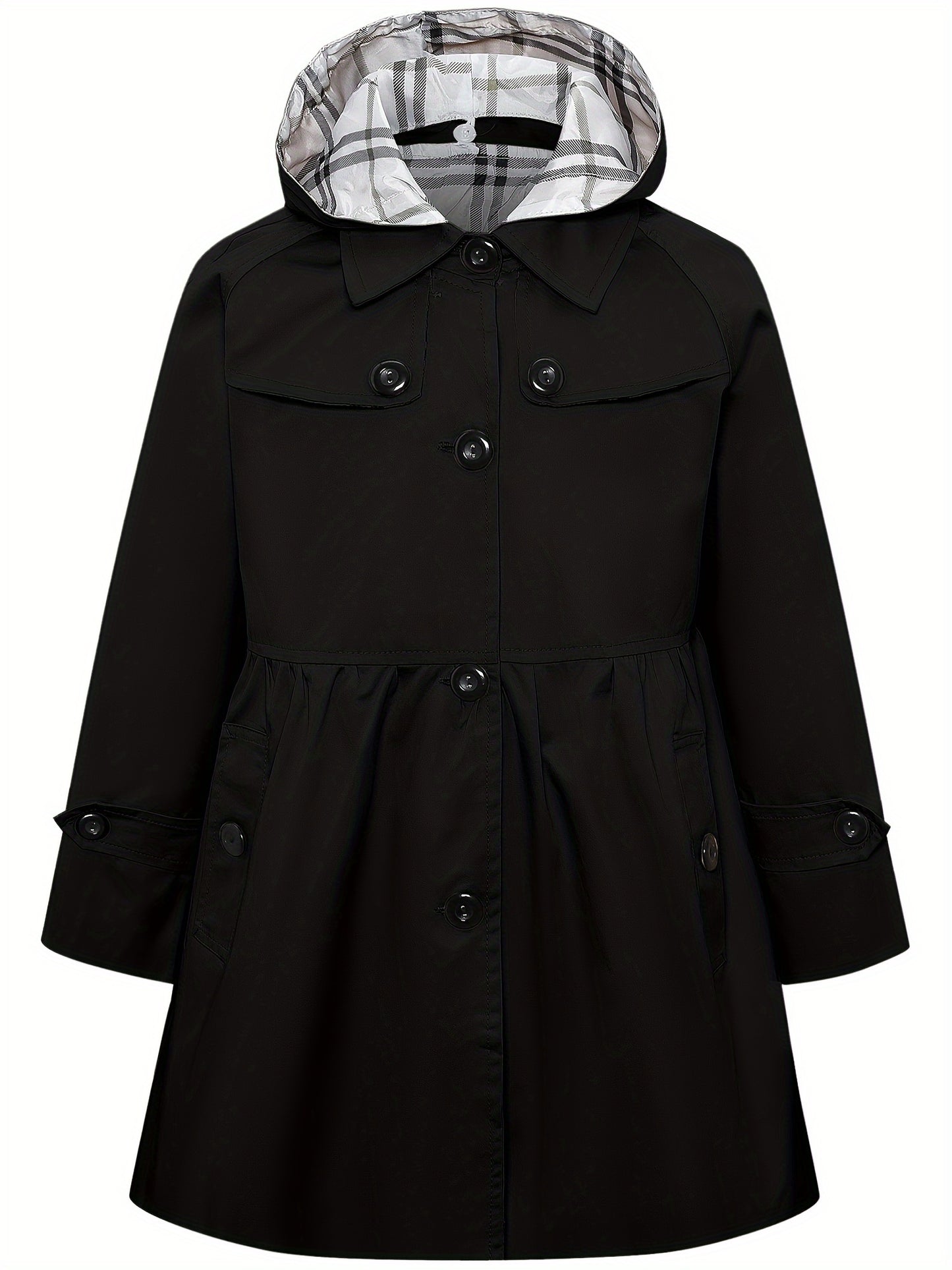 Elegant Hooded Cotton Blend Trench Coat for Youth with Non-Stretch Fabric and Solid Color Design, Featuring Faux Button Details and Hood - Suitable for Ages 12 and Under for Fall Season