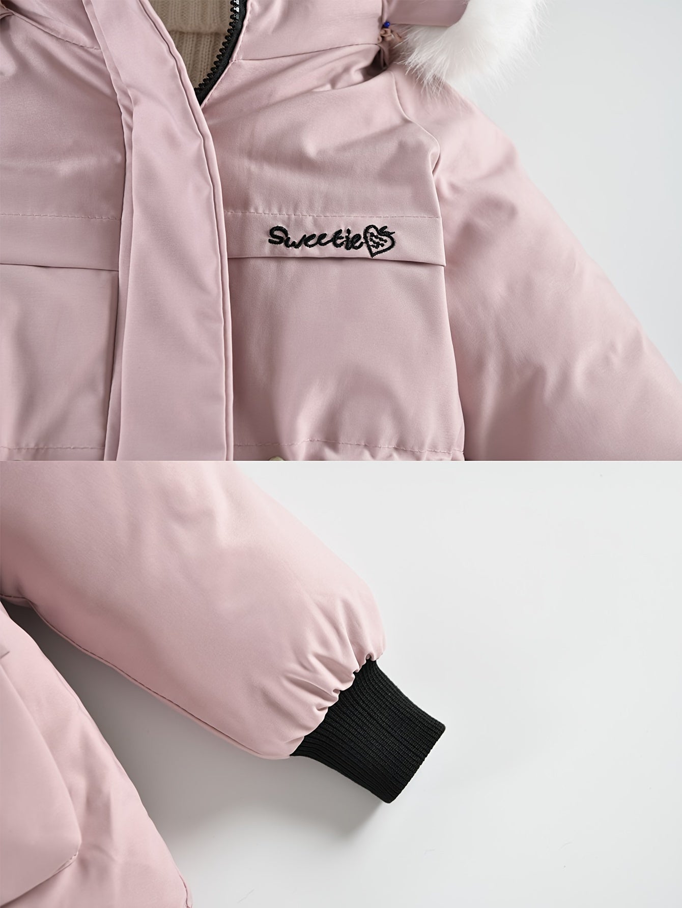 Snowy Playtime, Cozy & Stylish Girls' Winter Parka - Thick Fleece-Lined Hooded Jacket with Embroidery, Long Sleeves for Outdoor Fun