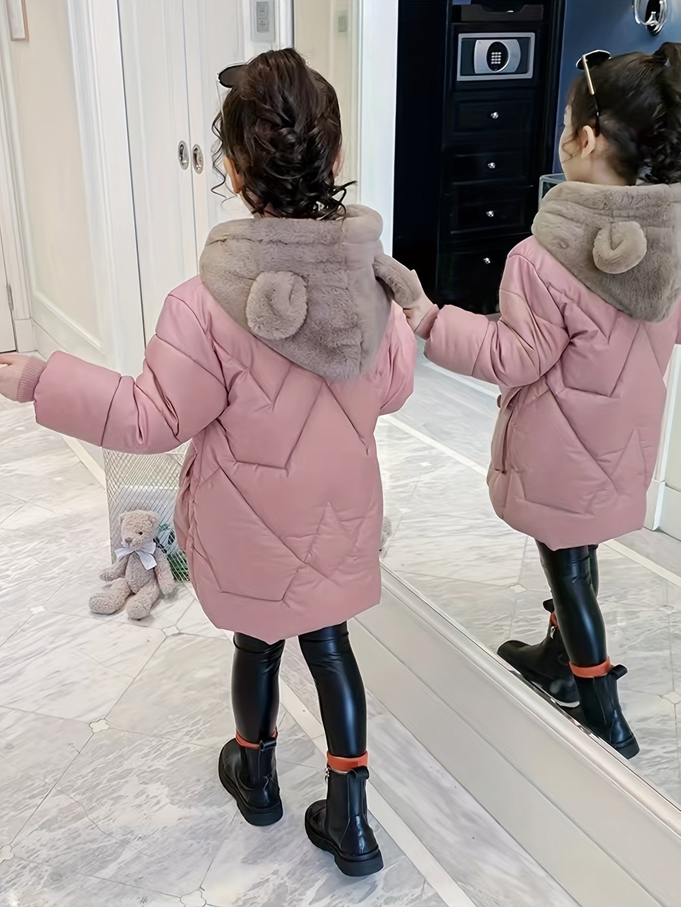 Girls’ Winter Cotton Jacket with Teddy Bear Ears – Hooded Mid-Length Pink Coat