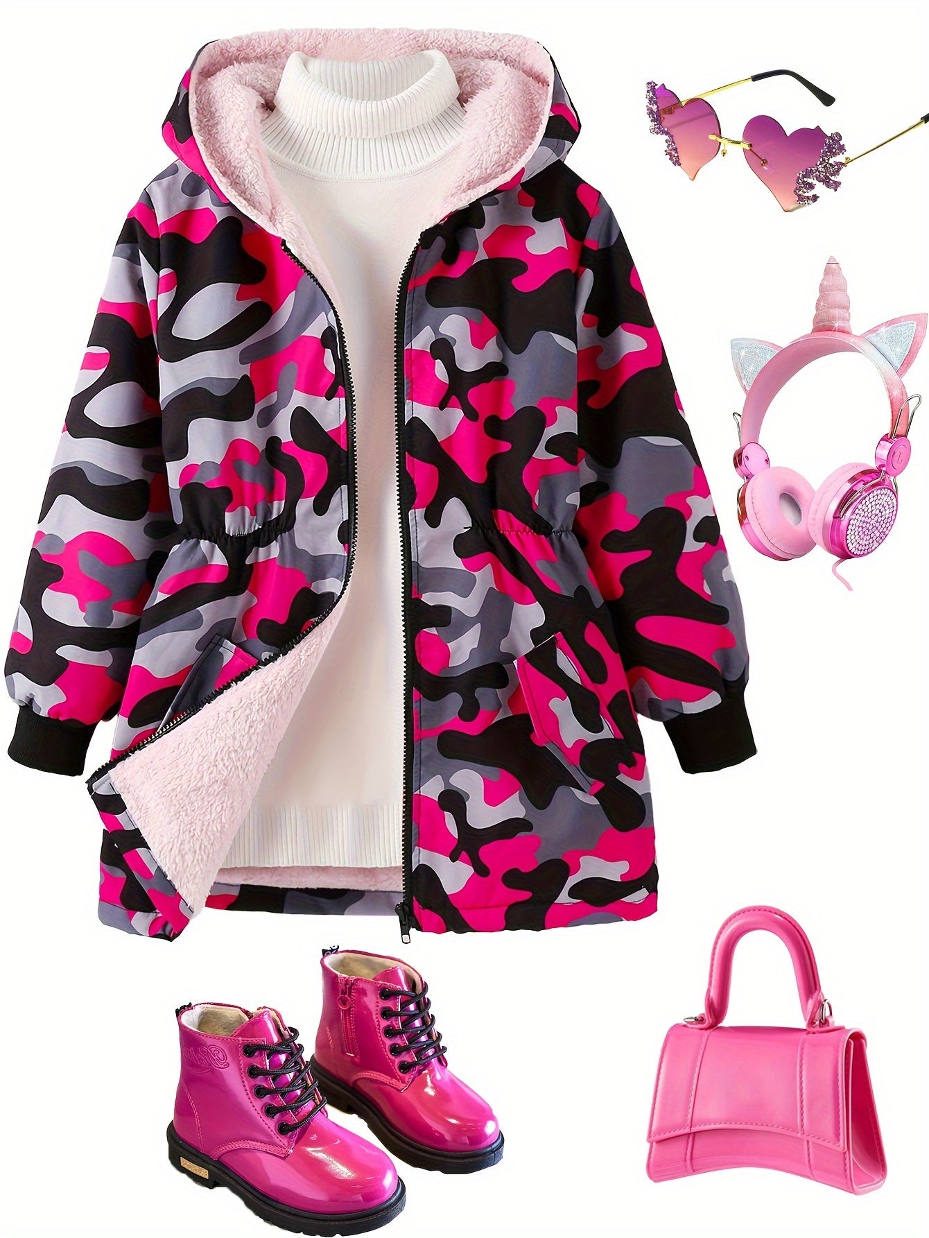 Girl's Camouflage Long Sleeve Hooded Jacket, Cute Trendy Versatile Fleece Lining Windproof Coat For Winter And Autumn