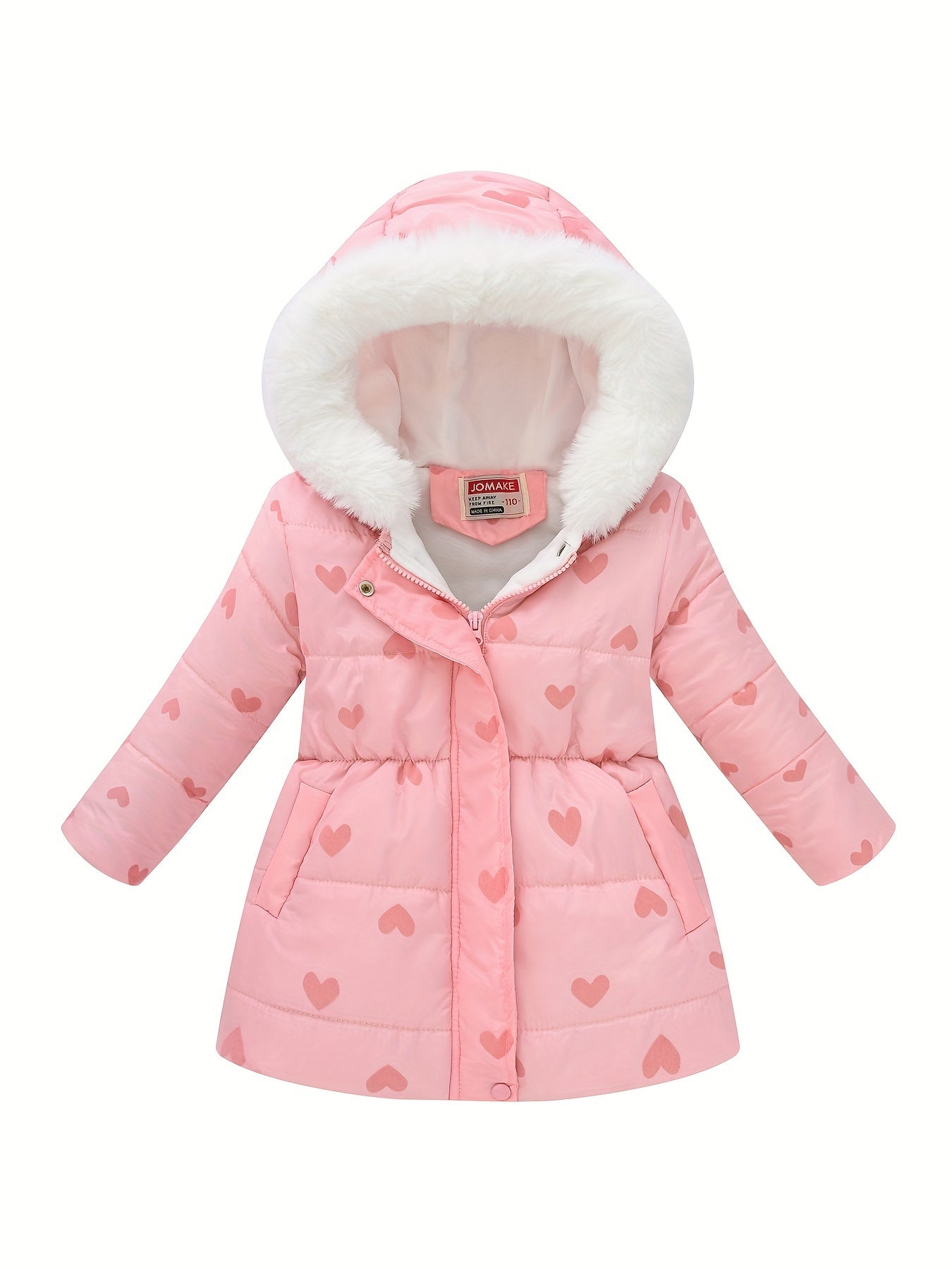 2024 JOMAKE Girls' Cozy Fleece-Lined Hooded Jacket with Floral & Heart Print - Warm Winter Outerwear for Youngsters