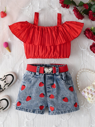 2-Piece Girls’ Embroidered Denim Top + Shorts Set – Summer Holiday Casual Outfit — view 1 of kids' clothing