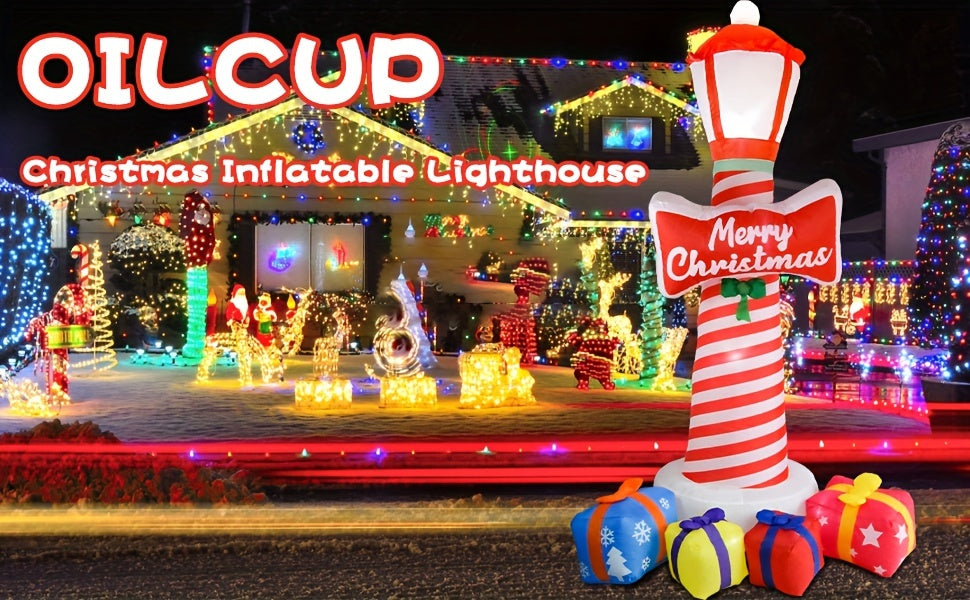 8.1FT LED Christmas Inflatable Lighthouse – Blow-Up Yard Decoration with Gift Boxes for Holiday Parties