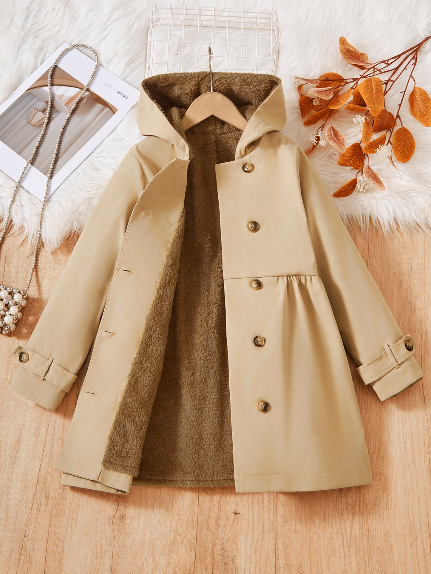 Double-Breasted Coat, Plush, Warm And Comfortable, Hooded Coat (Fake Fur, Plush Lining, Lining Composition 100% Polyester) Autumn And Winter Gift)