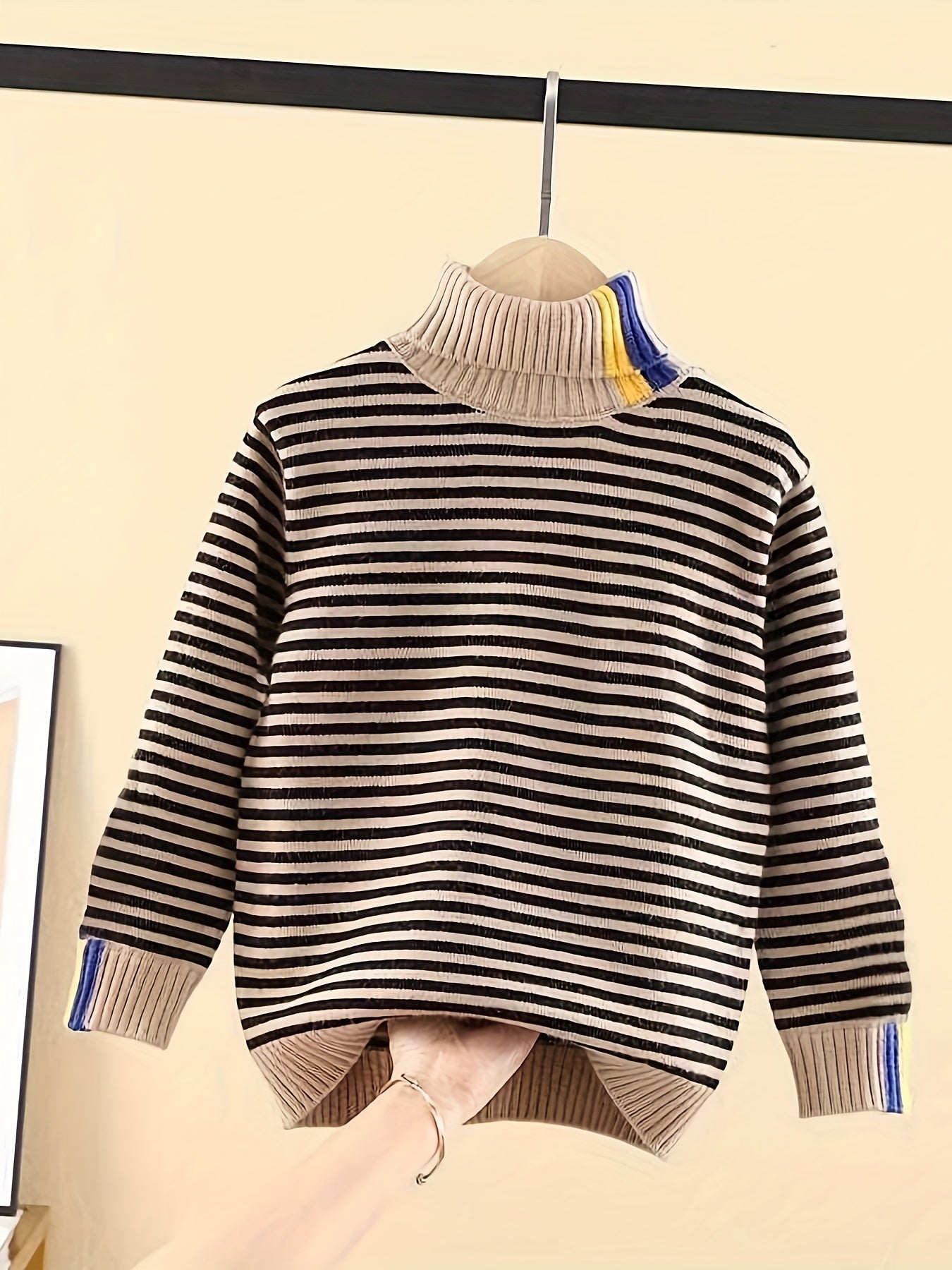 Cozy Girls' Long Sleeve Striped Knit Turtleneck Sweater for Autumn and Winter - Warm Layering Top
