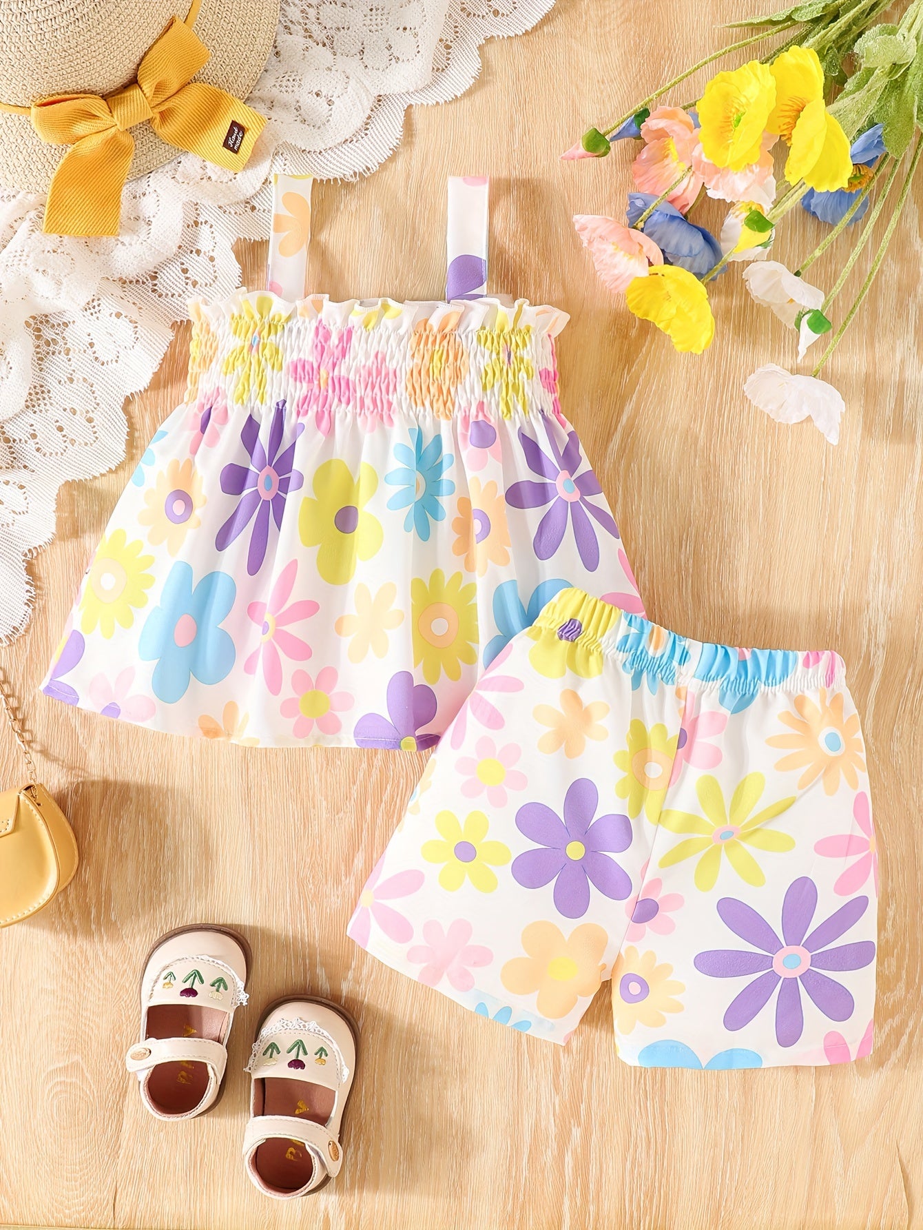 2pcs Toddler Girl’s Flower Pattern Cami Top & Shorts Set – Summer Beach Vacation Outfit