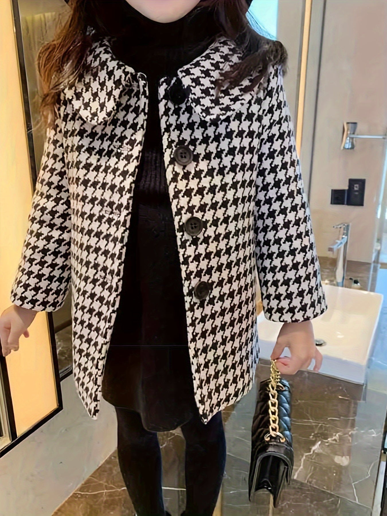 Elegant Houndstooth Dress Coat for Girls, Polyester Lapel Collar Flared Long Sleeve Single Button Coat, Spring/Autumn Mid-Length Children's Outerwear with Button Details - Non-Stretch Regular Fit