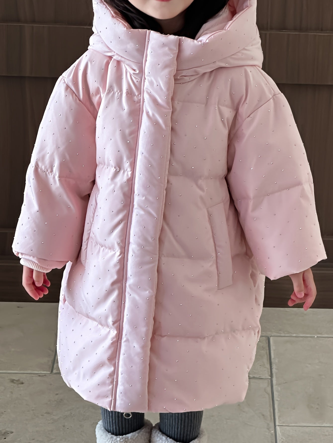 2024 Girls Winter Polka Dots Hooded Down Coat, Mid-Length Long Sleeve Duck Down Filled Casual Warm Outerwear