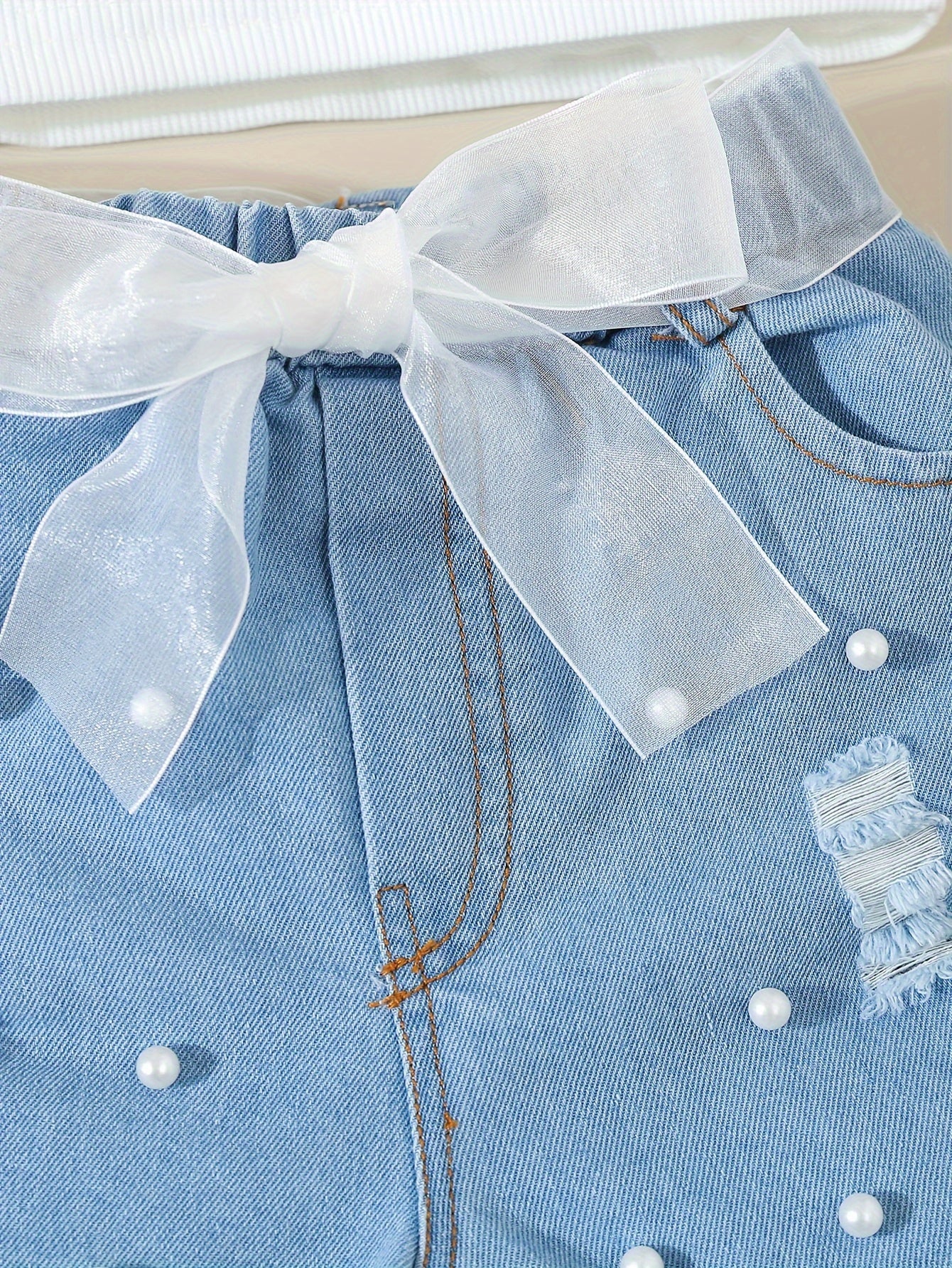 Girl's Outfit Basic Tank Top + Raw Hem Pearls Design Shorts Daily Summer Set, Girls Outdoor Clothes, Gift