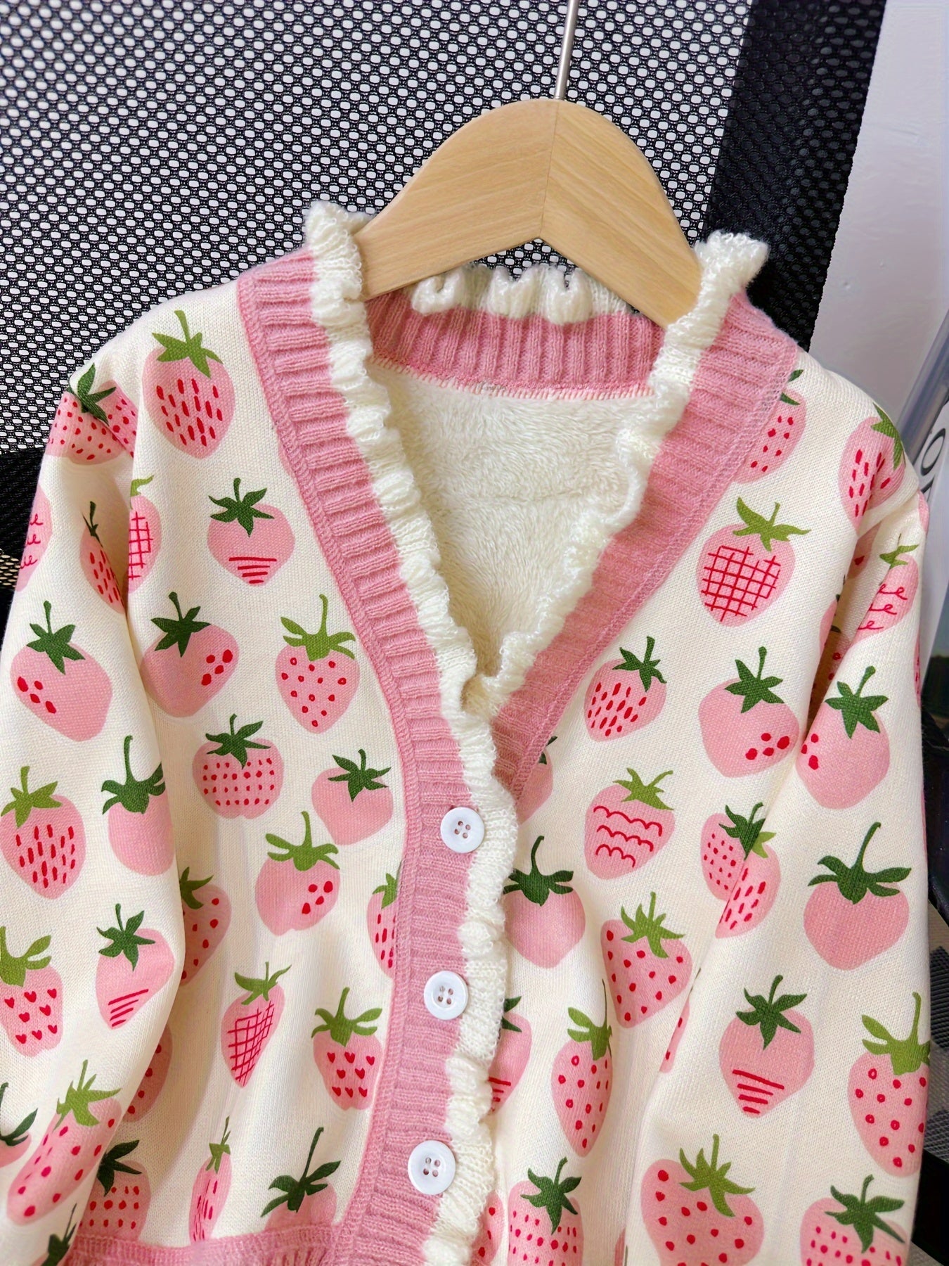 Girls Thermal Comfy Strawberry Print Knit Cardigan - Elegant V-Neck Long Sleeve Button-Down Sweater For Autumn/Winter
