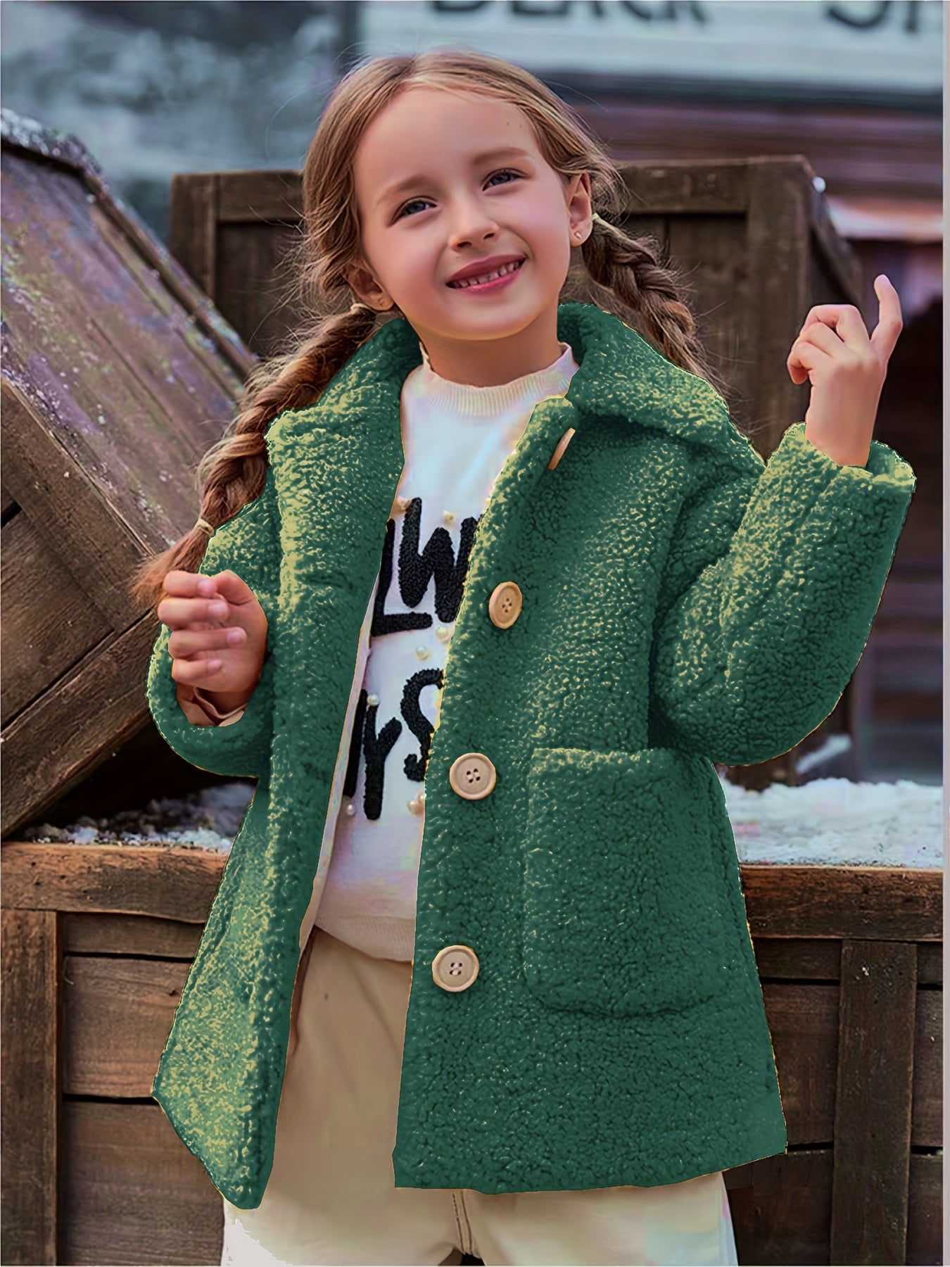 2024 Elegant Shearling Windbreaker Coat - Lapel Collar, Pocket, Slight Stretch, Solid Color, Hand Washable - Winter Thermal Jacket for Girls