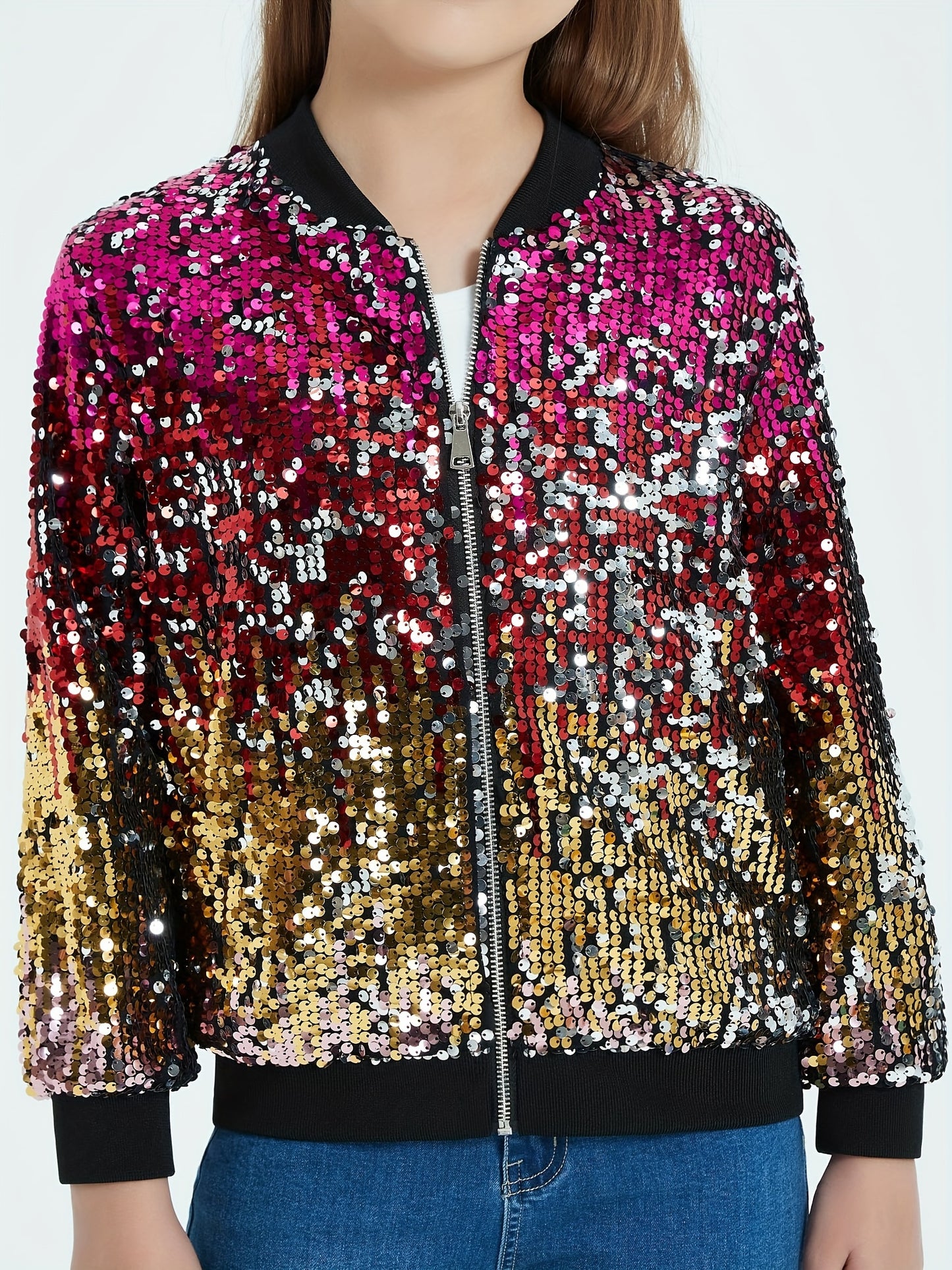 Sparkling Mebius Girls' Sequin Jacket - Long Sleeve Lightweight Zipper Bomber Jacket with Pockets for Kids 6-12 Years Old - Outerwear for School and Casual Wear