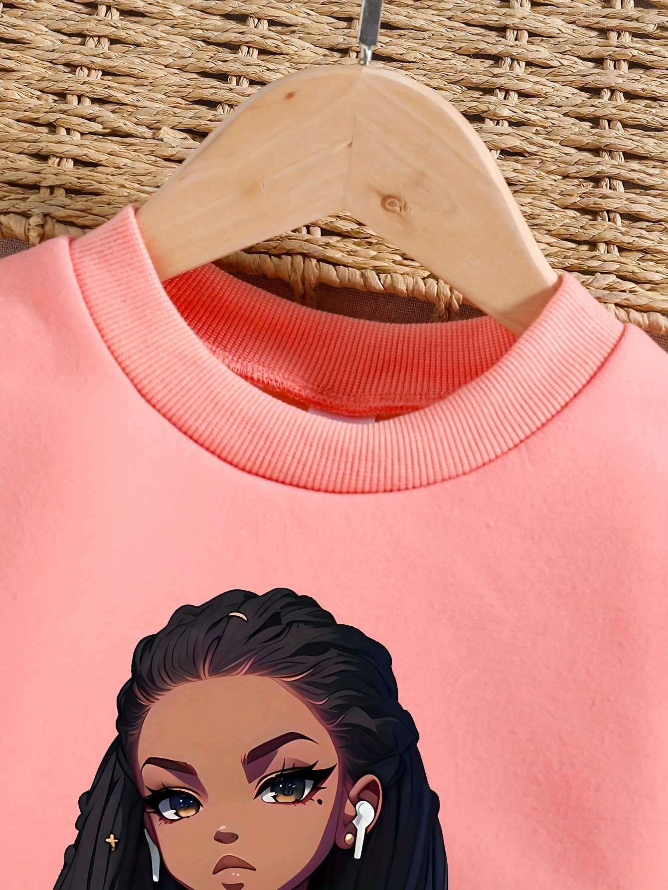 Tween Girls Cartoon Pattern Printed Warm Plus Velvet Thick Round Neck Sweater + Sports Pants Fashion Two-Piece Set, For Outdoor