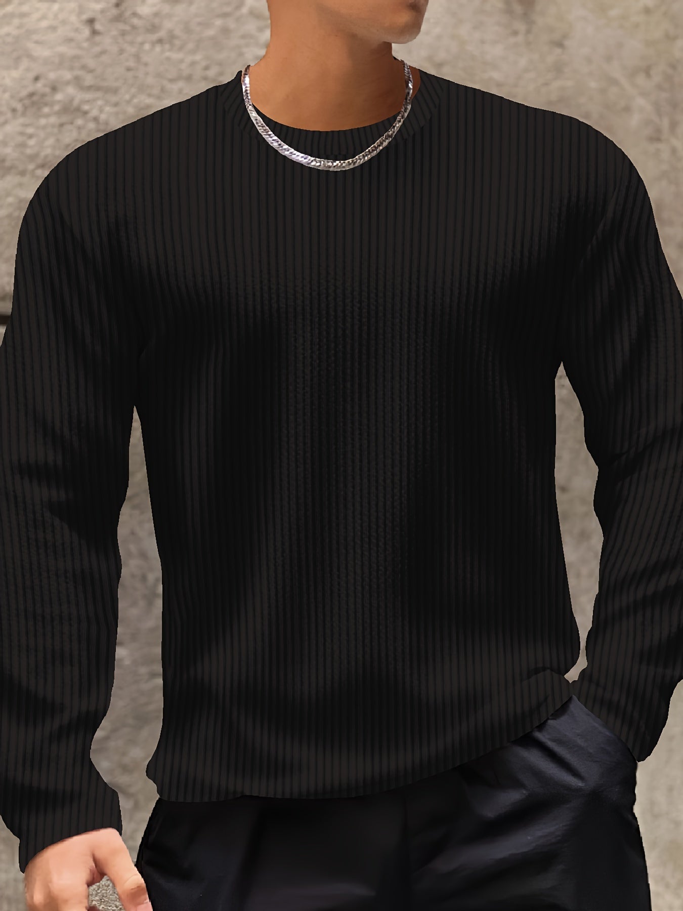 Long Sleeve Men's Striped Casual Crew Neck T-shirt, Outdoor Clothing