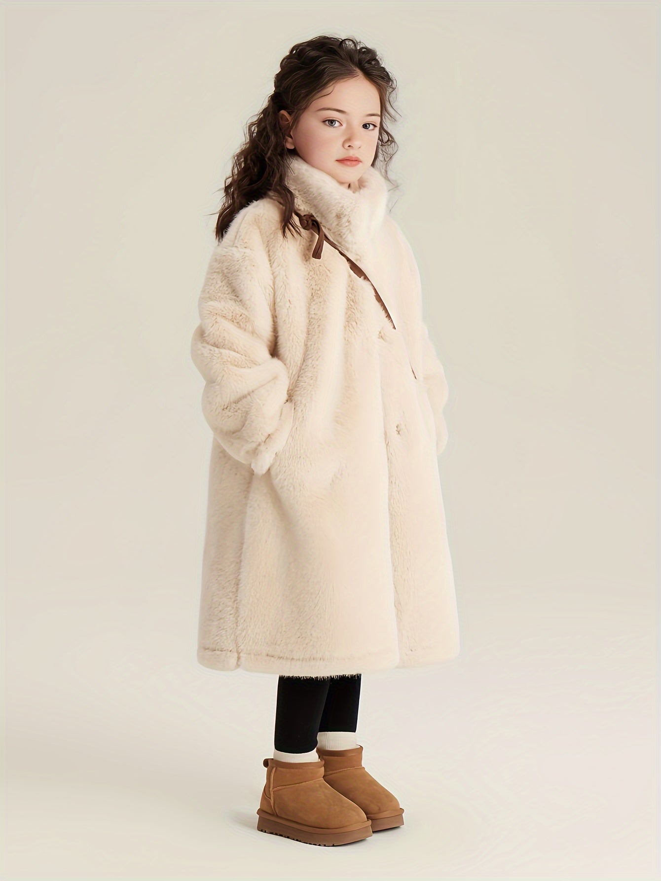 2024 Elegant Girls' Long Plush Coat - Warm, Thick Winter Jacket with Button Front & Round Neck, Perfect for Casual Outings
