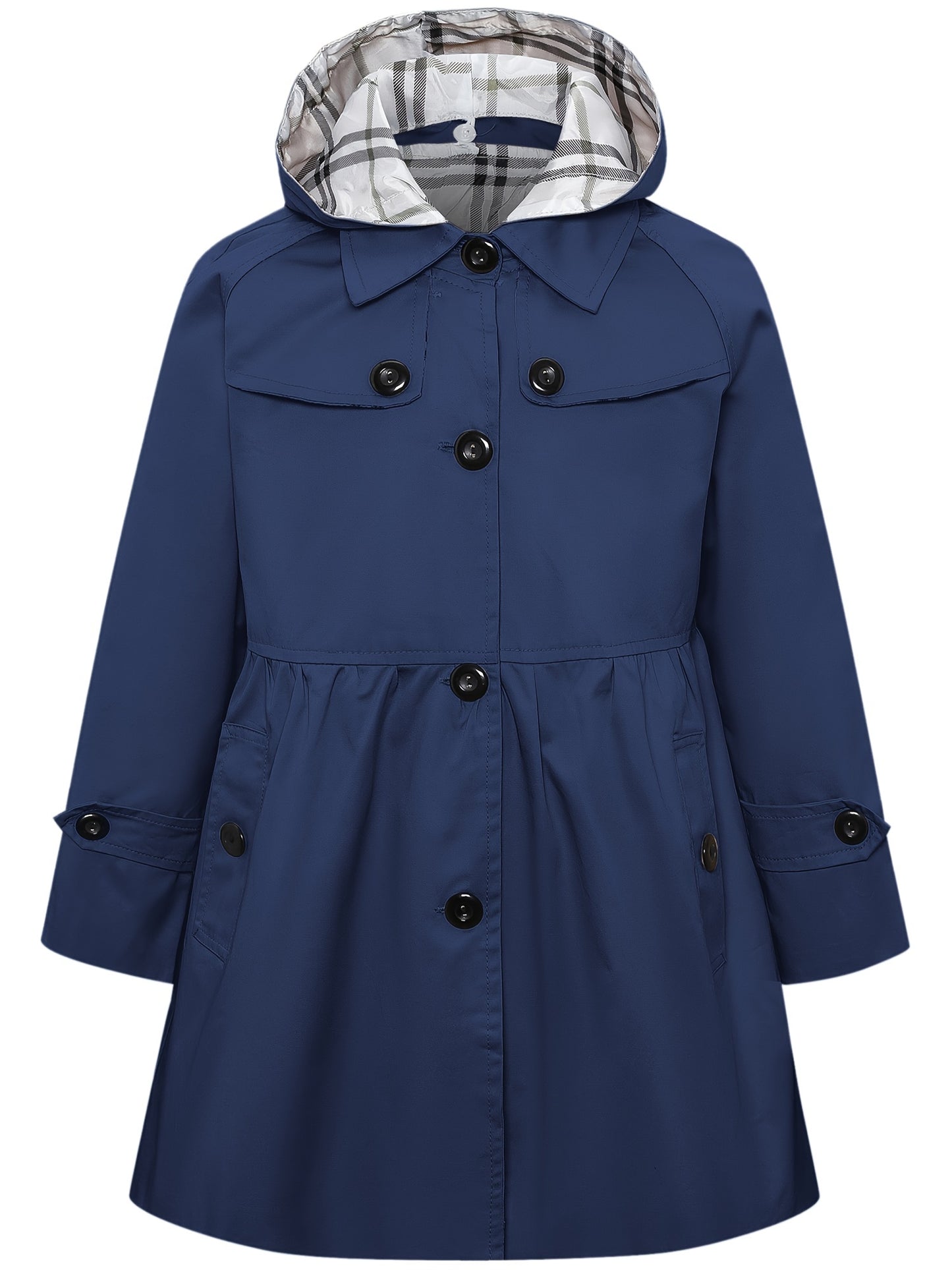 Elegant Hooded Cotton Blend Trench Coat for Youth with Non-Stretch Fabric and Solid Color Design, Featuring Faux Button Details and Hood - Suitable for Ages 12 and Under for Fall Season
