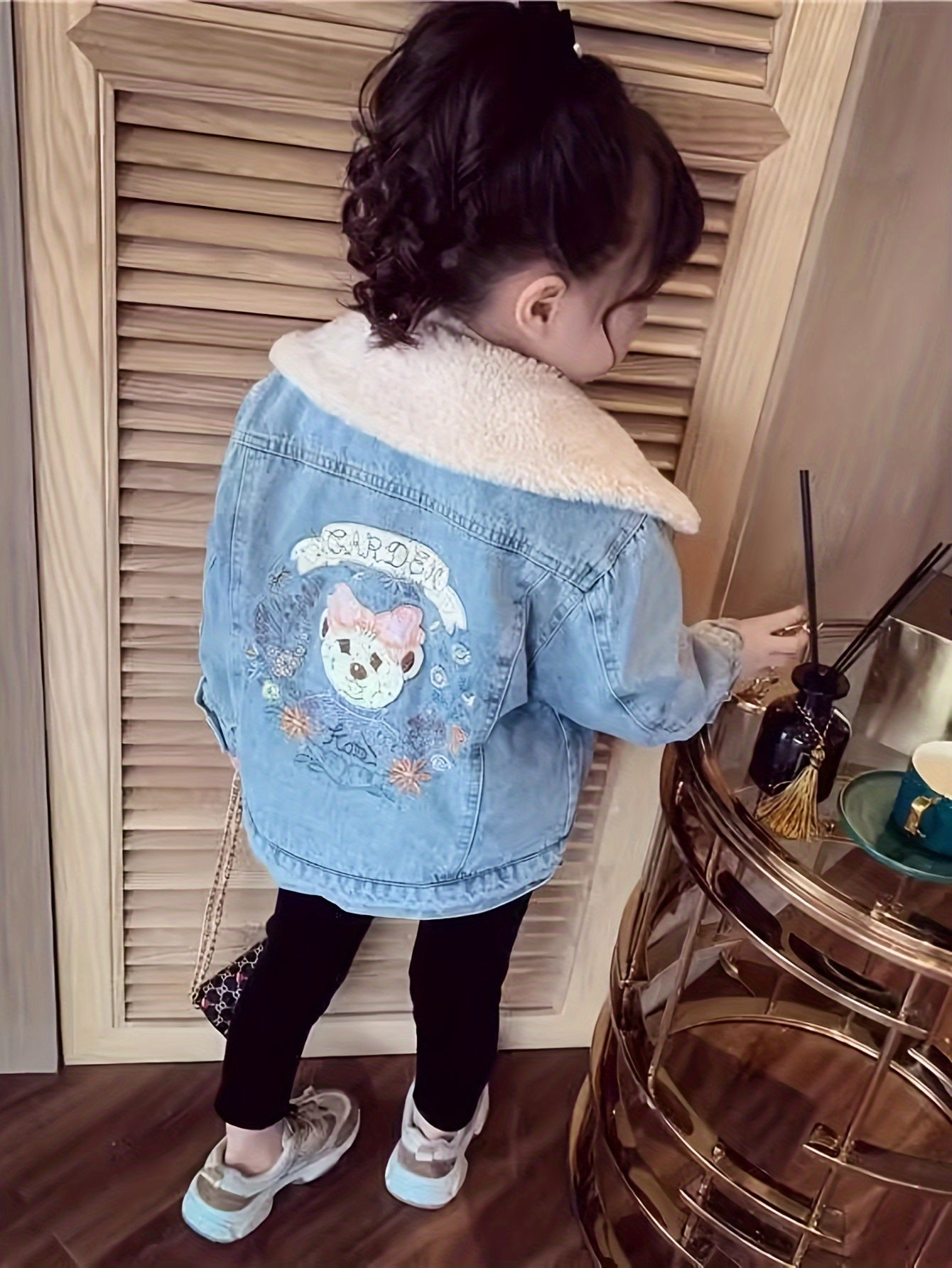 Cute Thick Warm Denim Jacket For Girls With Fleece Collar, Cartoon Back Pattern Thermal Winter Coat