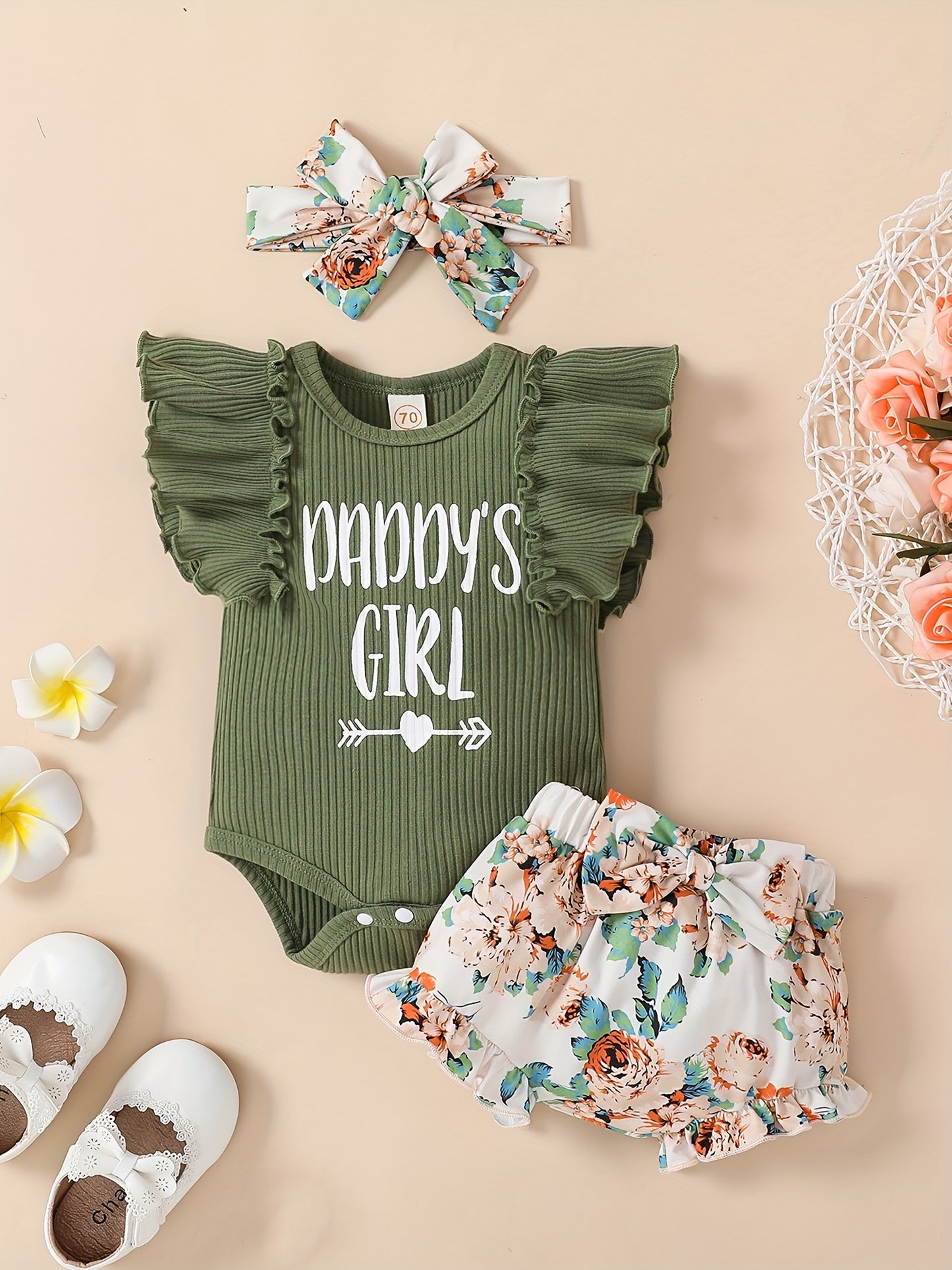 3pcs Baby Girls’ "Daddy's Girl" Ruffle Sleeve Onesie, Floral Shorts & Headband – Summer Outdoor Set