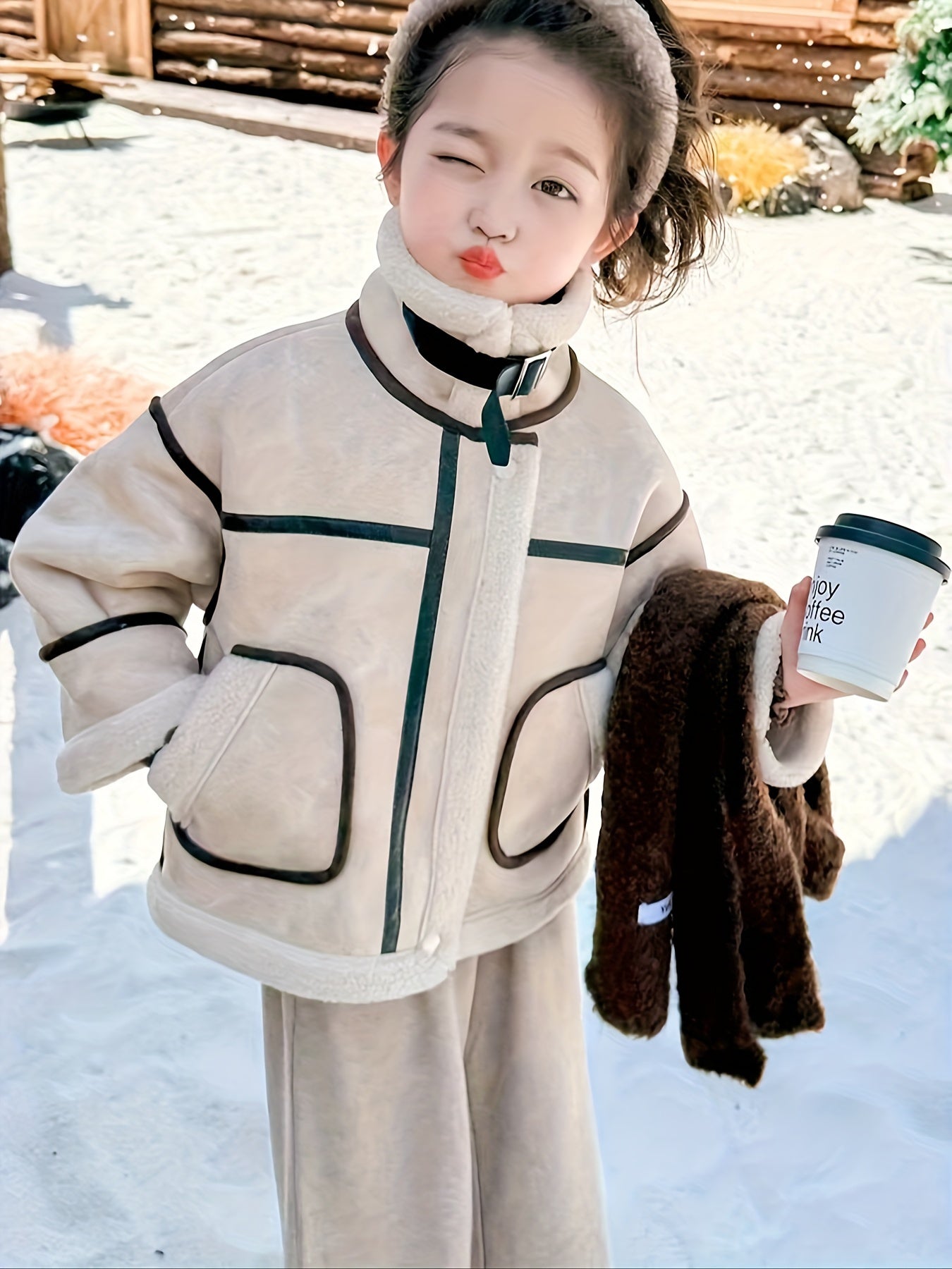 2024 Girls' Fashion Faux Fur Leather Jacket, Winter Solid Color Elegant Coat, Polyester Lining, Regular Fit, Round Neck, Pockets
