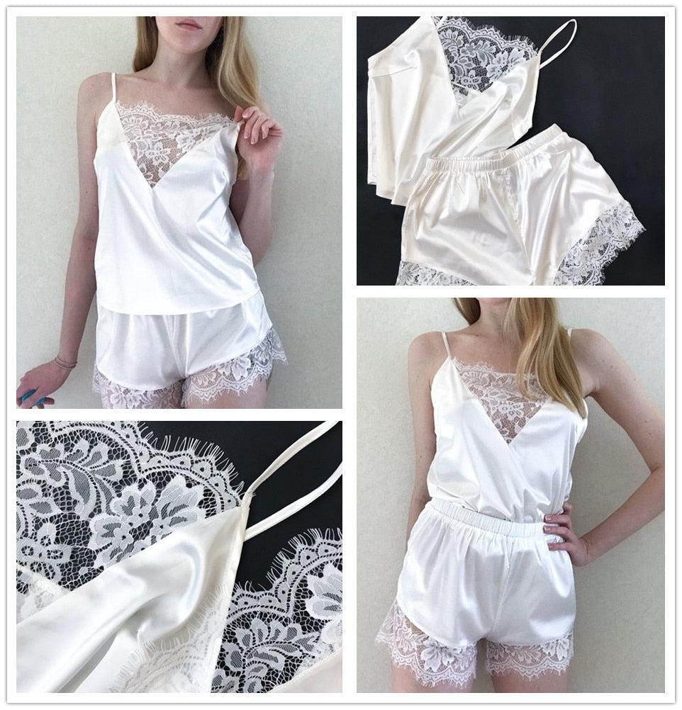 Women's Satin Pajama Set Silky Lace Casual Two Piece Suit Home Clothes Sling Fashion Solid Color Underwear Female Sexy Nightwear