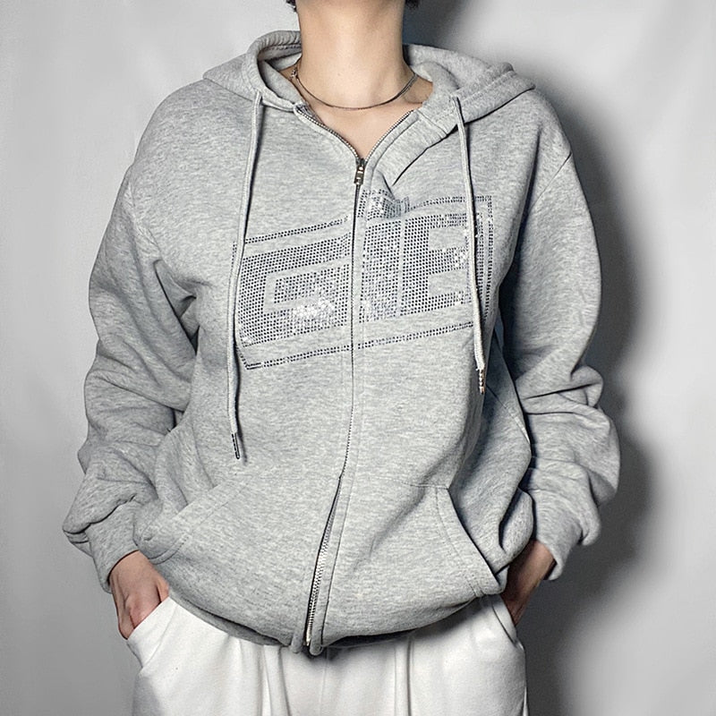 Rhinestone Letter Print Hoodies Women Zip Up Y2K Tracksuit Vintage