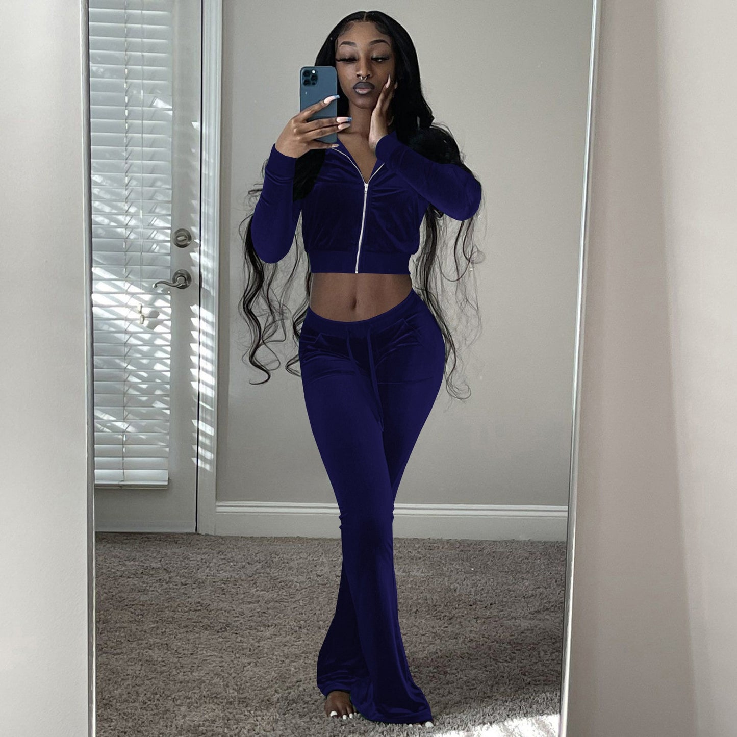 Women Velvet Tracksuit Winter Two Piece Set Velour Wide Leg Pant Sets Solid