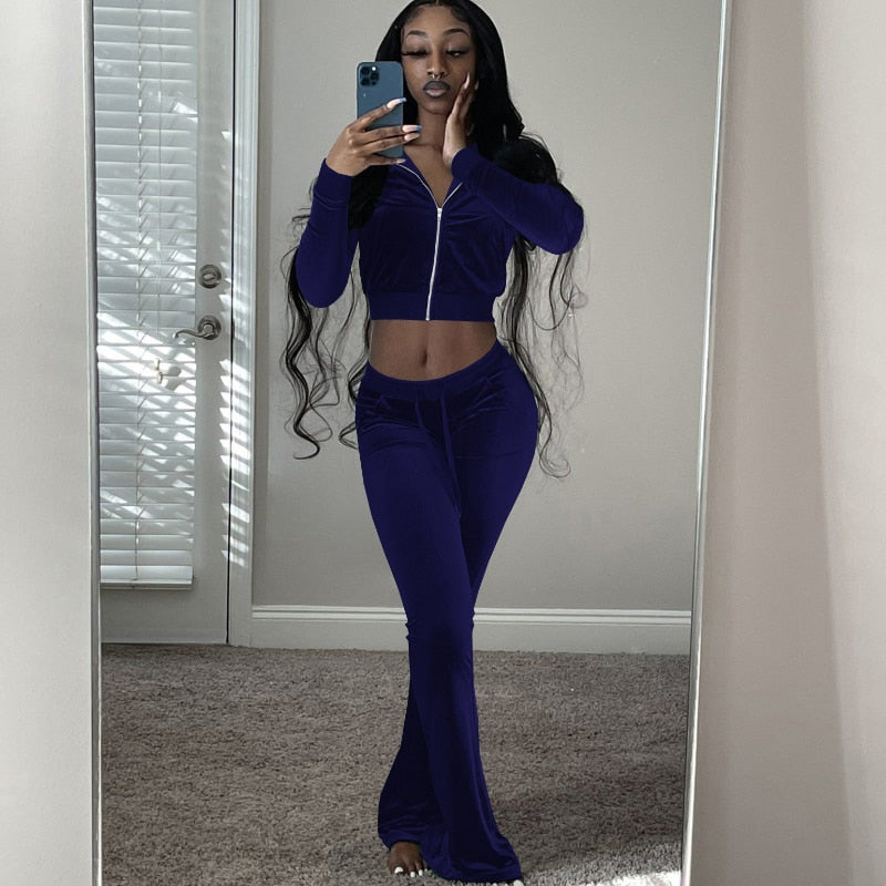 Women Velvet Tracksuit Winter Two Piece Set Velour Wide Leg Pant Sets Solid