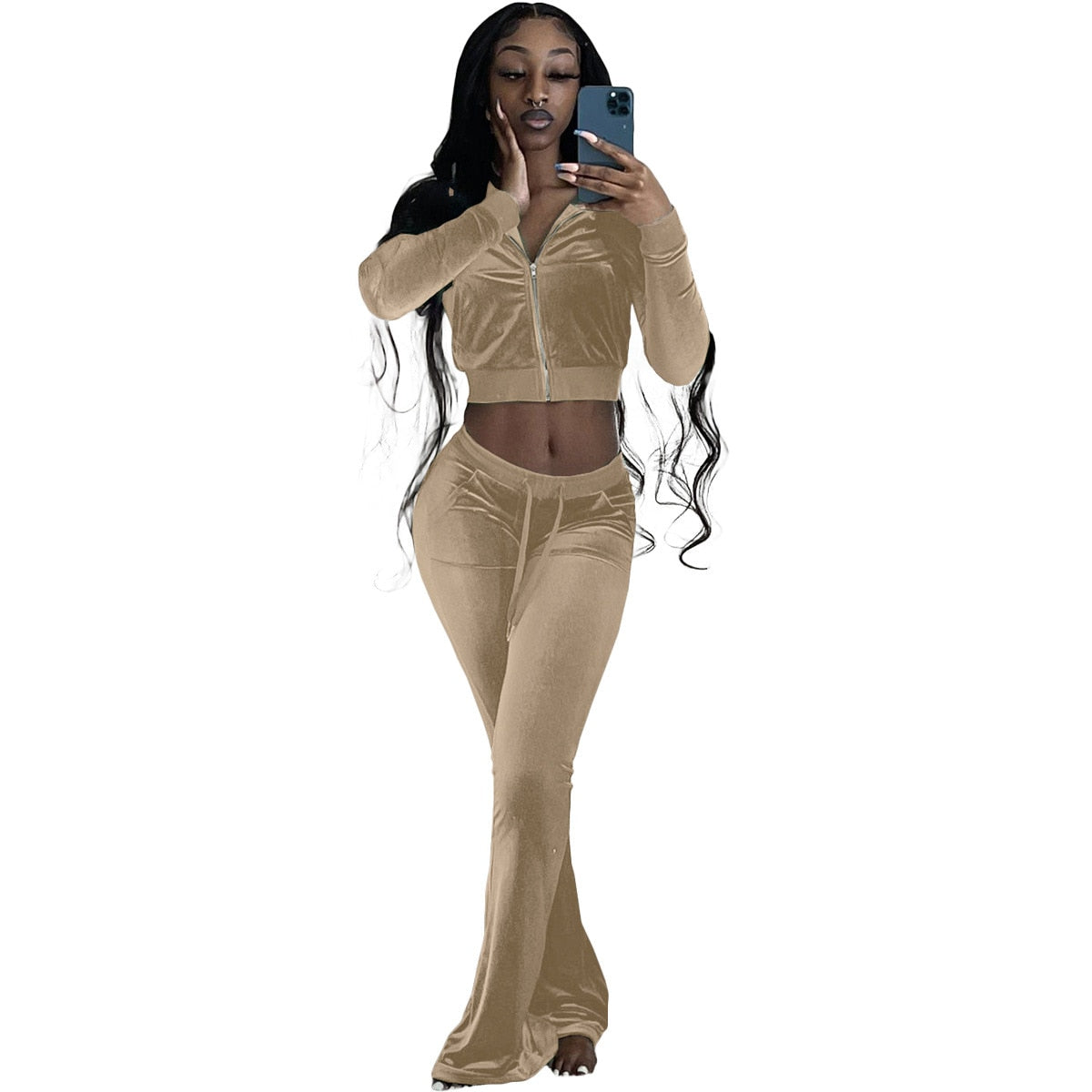 Women Velvet Tracksuit Winter Two Piece Set Velour Wide Leg Pant Sets Solid