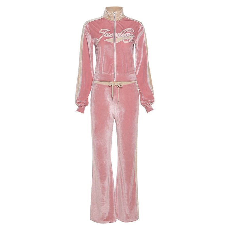 Letter Print Velvet Tracksuit Set Women Fashion Streetwear Outfits Female Zipper Sport